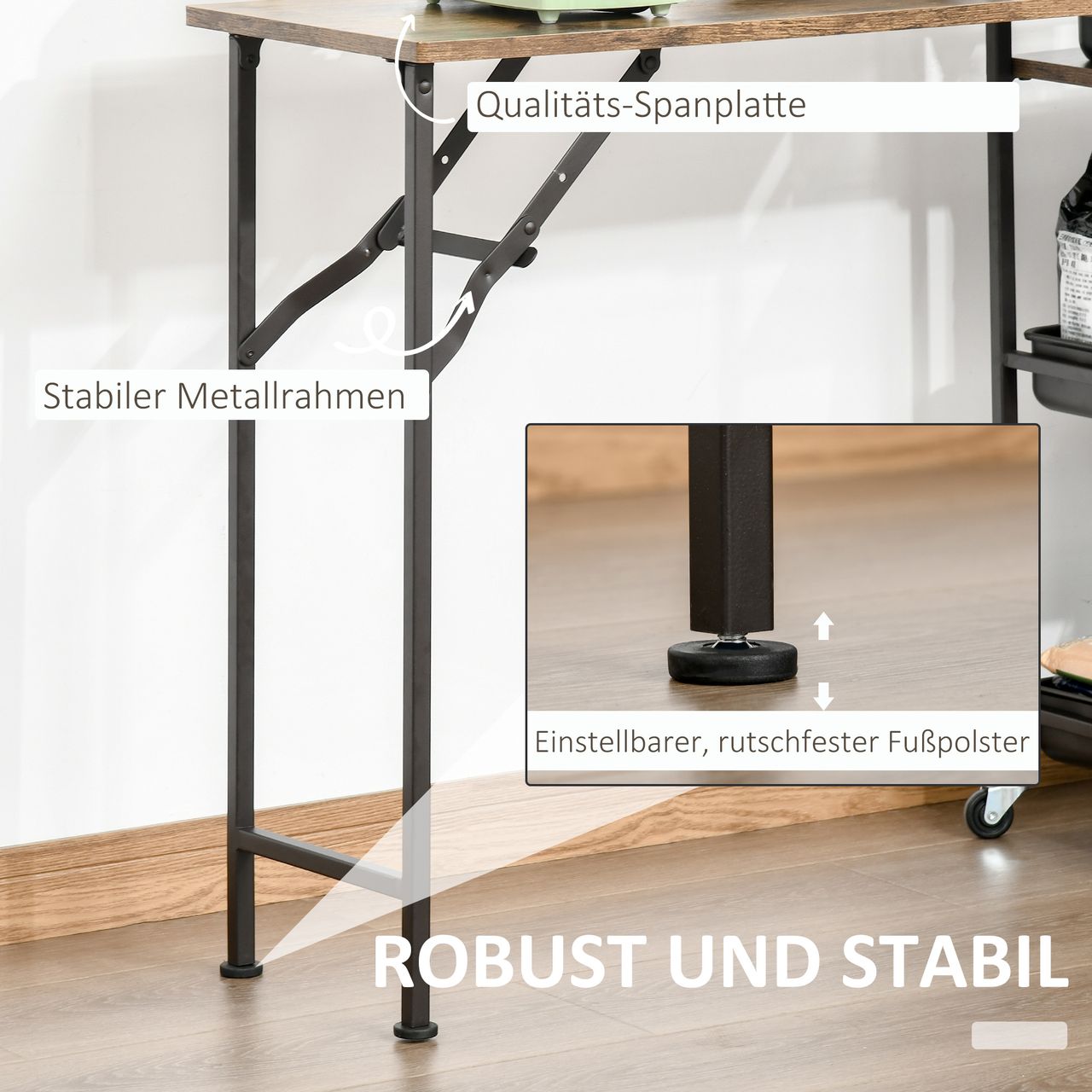 HOMCOM Küchenwagen Küchenrollwagen Servierwagen mit 1 klappbaren Tischplatte 2 Tabletts und 1 offenes Regal Rollen Verstellbare Fußpolster E1-Spanplatte Metall Rustikal-Braun 118 x 36,5 x 82 cm