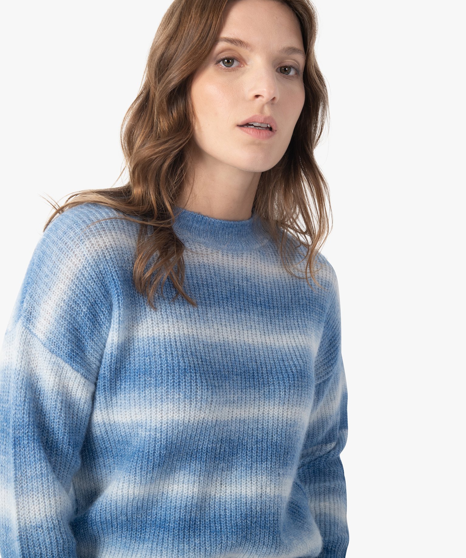 Pull femme court en maille fine effet tie and dye bleu | GEMO