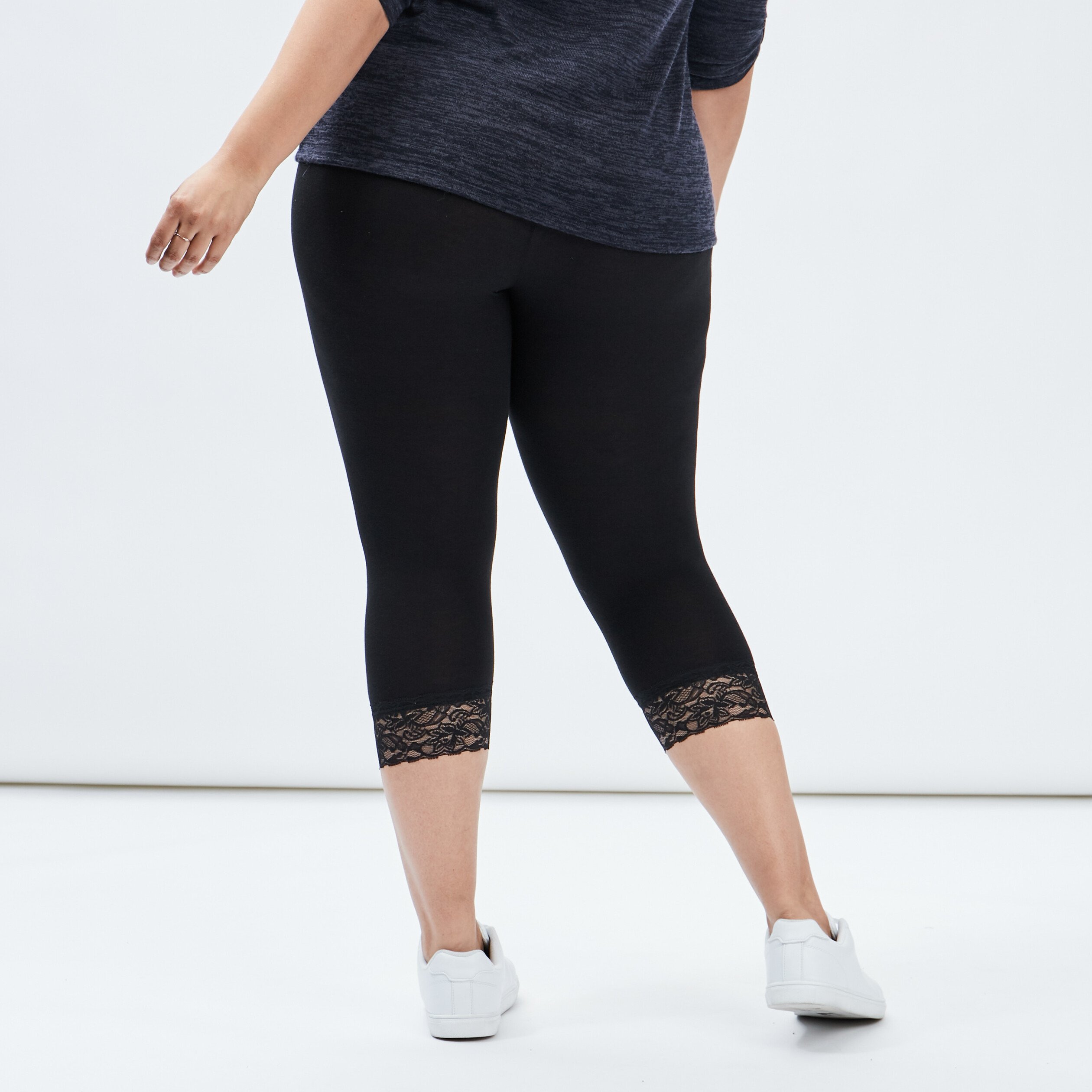 Legging 7 8ème empiècements dentelles noir femme grande taille | La Halle
