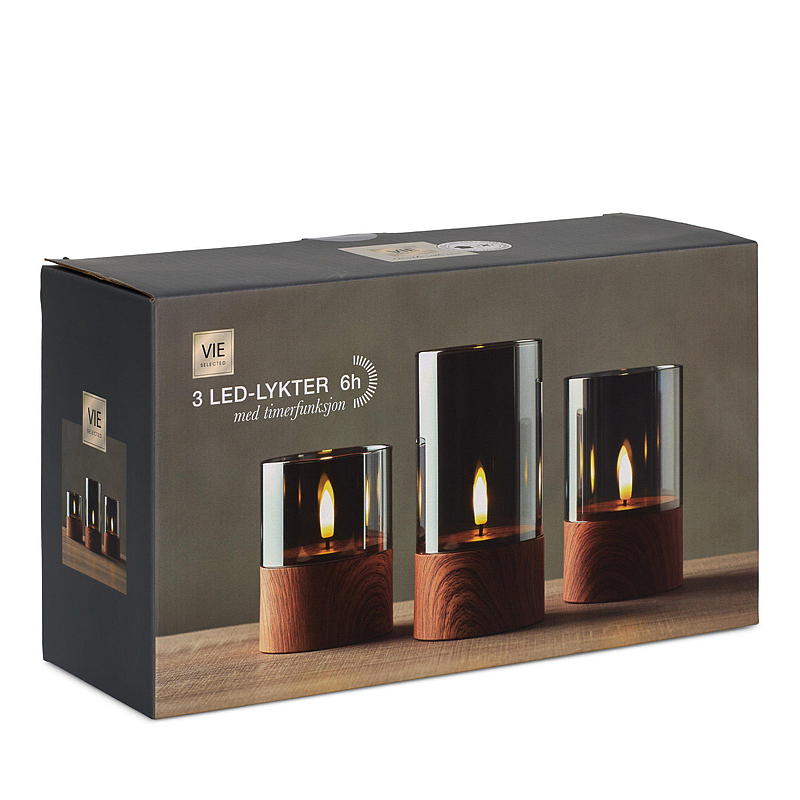 Vie Selected Ledlys 3 stk m/sotet glass Wood Base