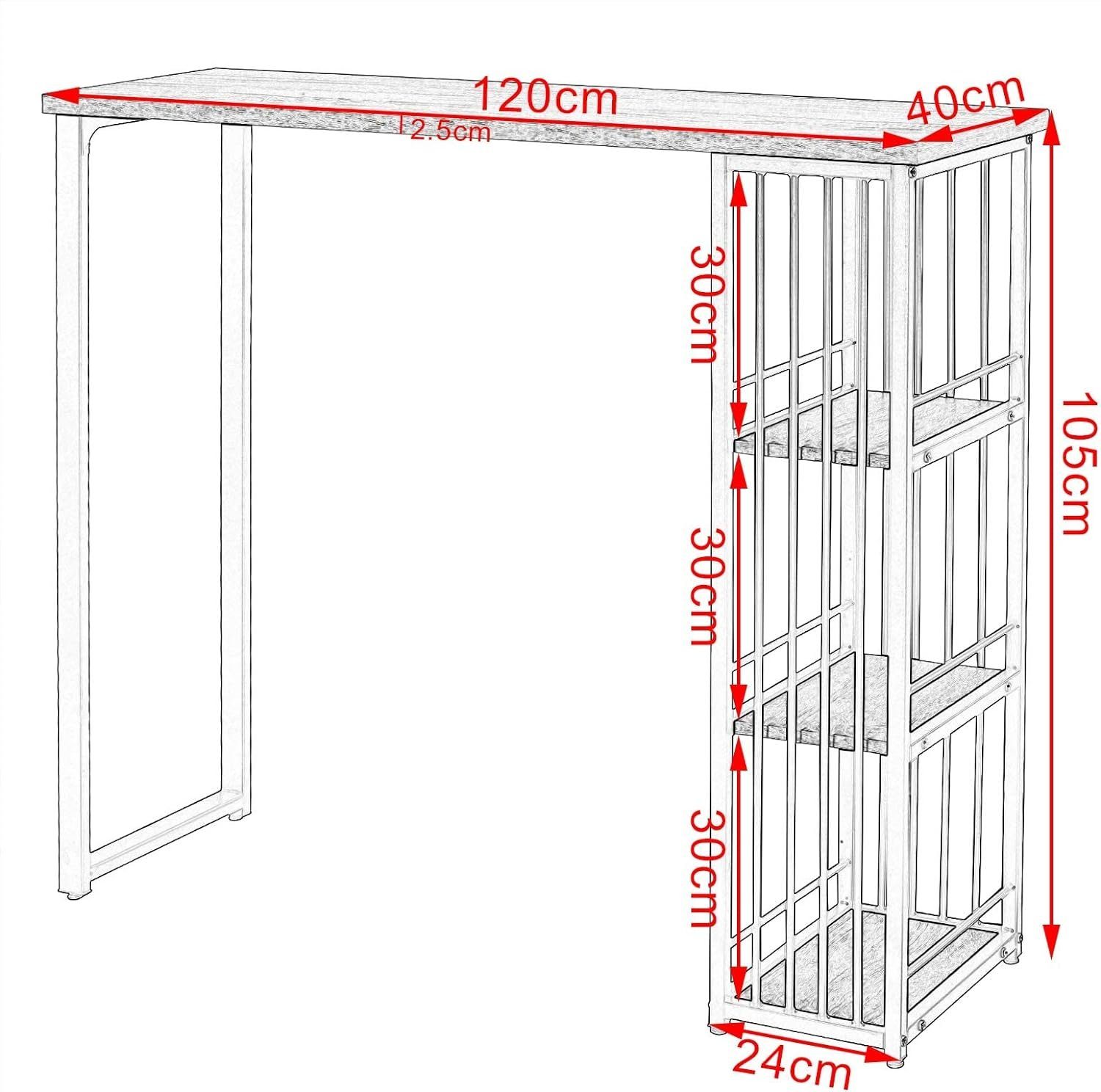 Woltu Bartisch, Stehtisch mit 3 Ablagefläche Metallgestell, MDF, 120x40x105cm