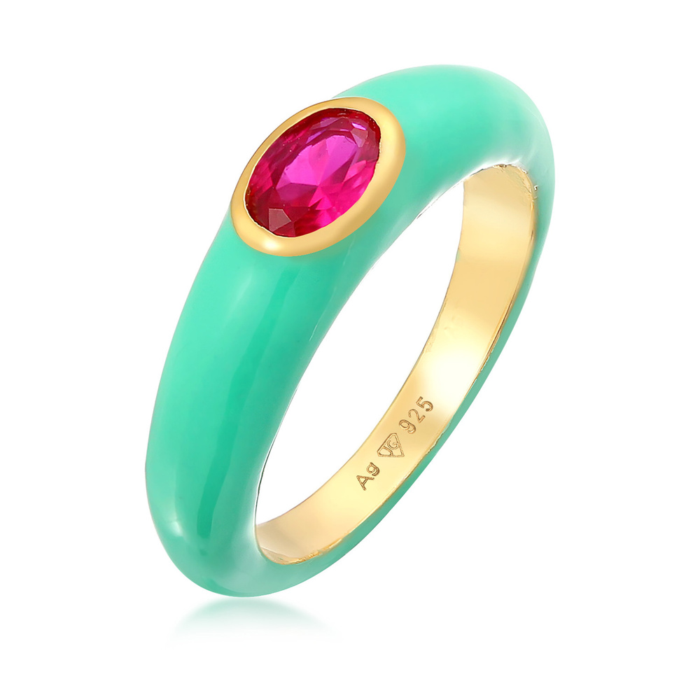 Elli Elli Bague Femmes Solitaire Ovale avec Émail Orange et Cristal de Zirconium Vert  Bague