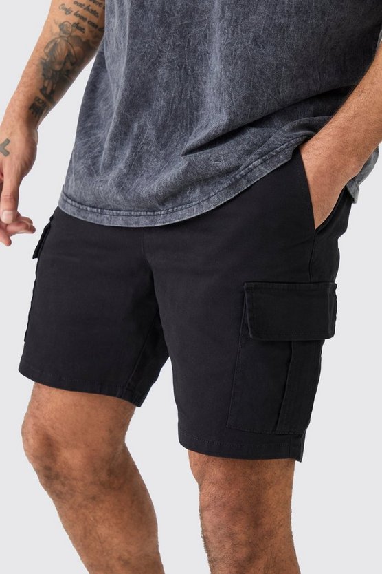 Schwarze Skinny Cargo-Shorts mit elastischem Bund