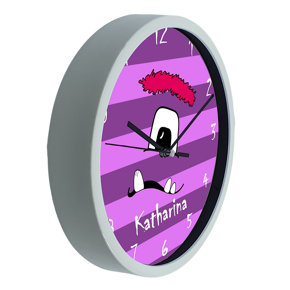 Kinder Wanduhr laufruhig personalisiert mit Name Monster Streifen lila