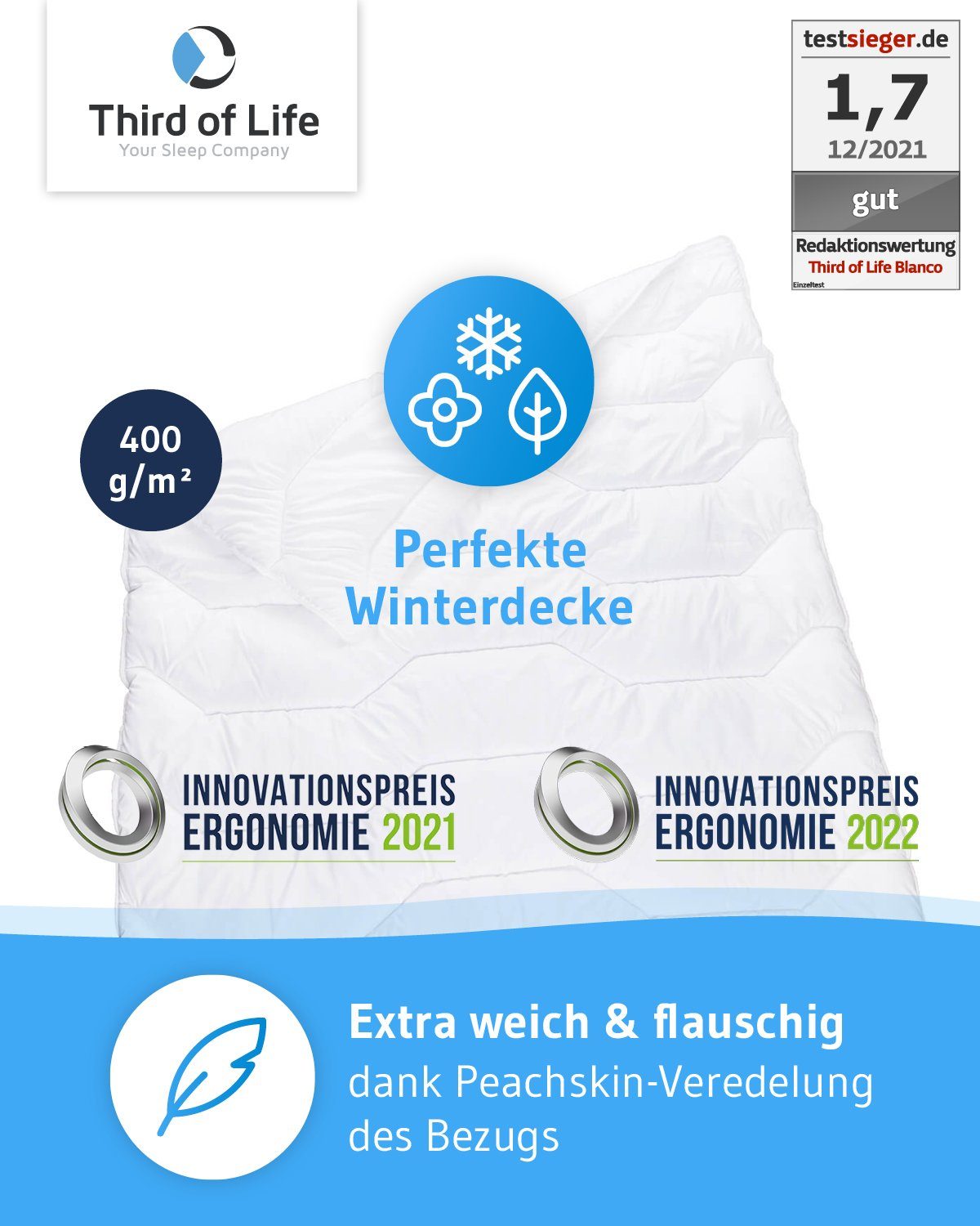 4-Jahreszeitenbett, BLANCO Ganzjahresdecke, Third of Life, Sanitized Ausrüstung gegen Bakterien & Milben, für Allergiker geeignet