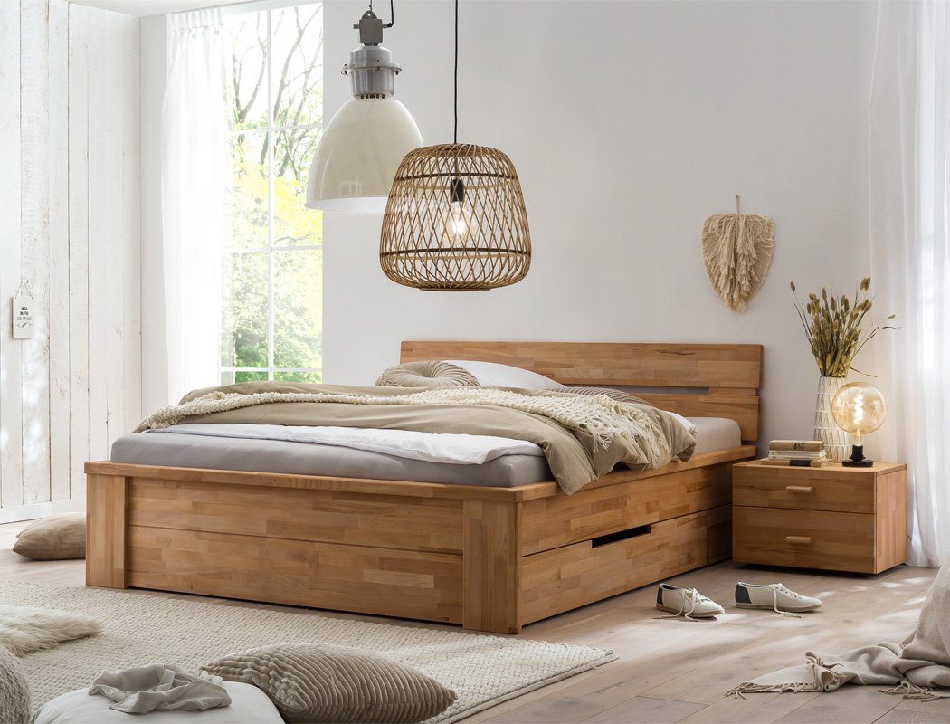 expendio Massivholzbett Cleo (Spar-Set, 3-tlg), Schubladenbett 200x200 Kernbuche mit 2 Schubladen inkl. 2x Nachttisch