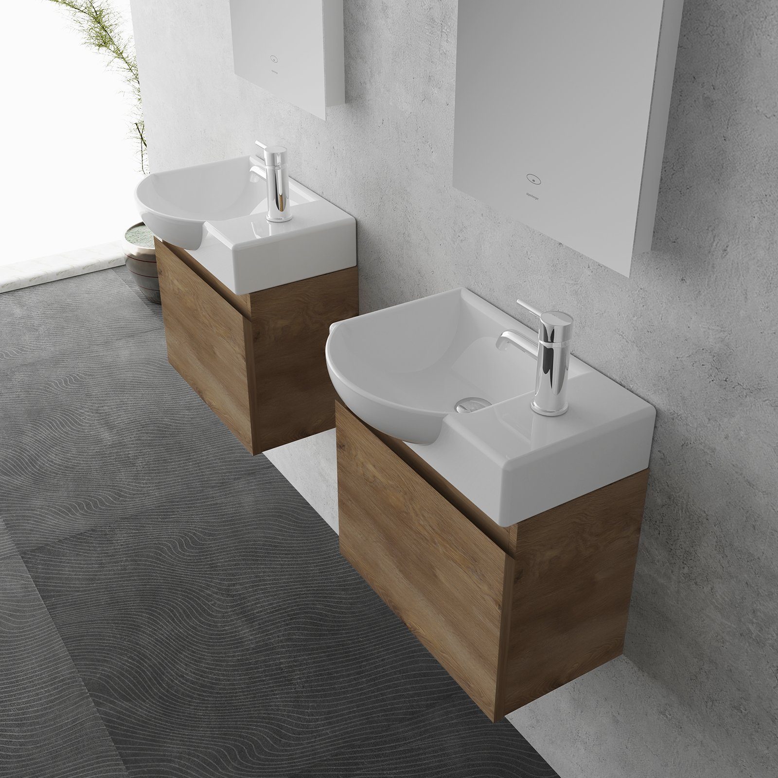 Alpenberger Badmöbel-Set - Gäste WC Waschbecken mit Unterschrank 45 cm Breit, (Badschrank 2-tlg., Waschtisch hängend), Waschbeckenunterschrank mit Softclose - Farbe Eiche - Links Becken