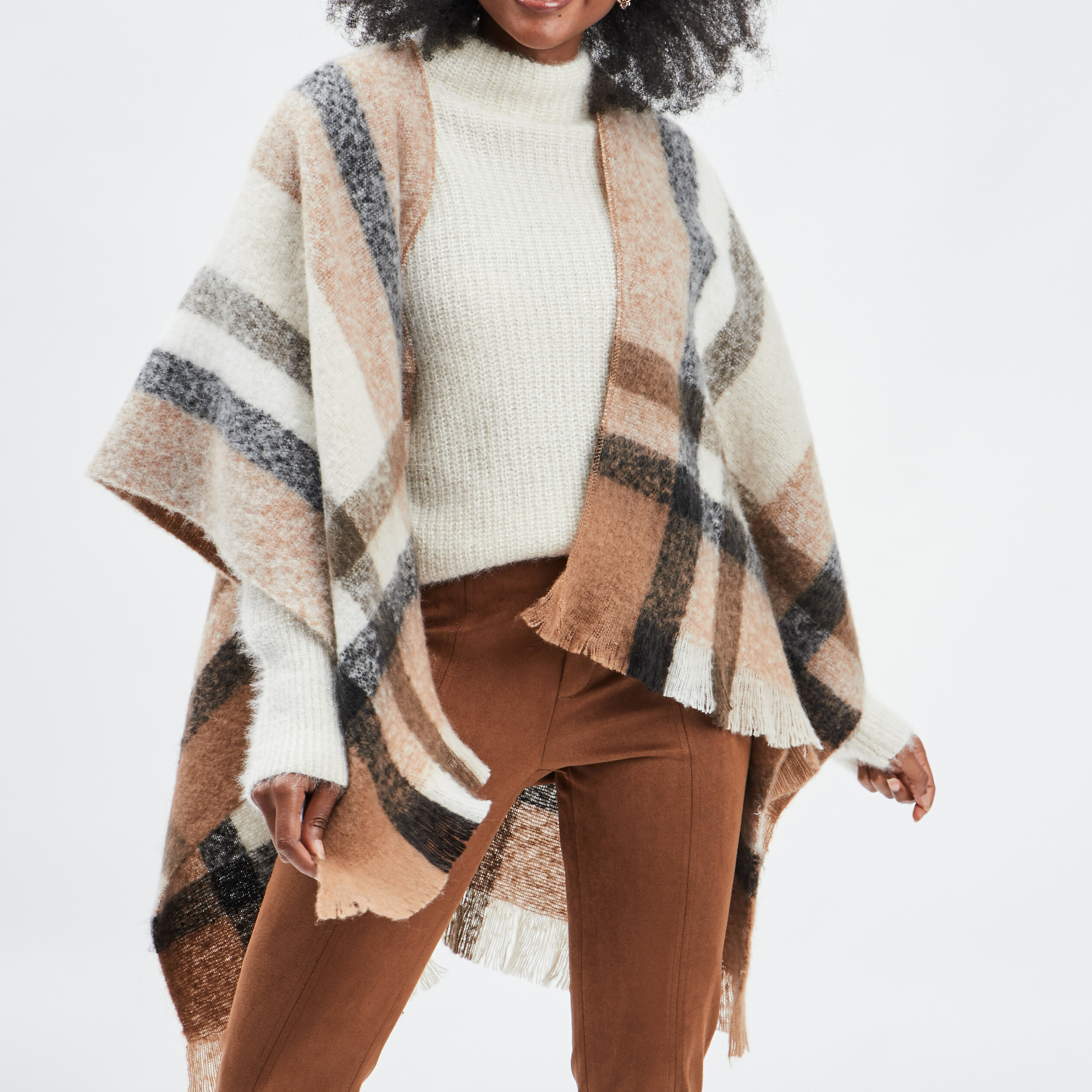 Poncho avec franges marron femme | La Halle