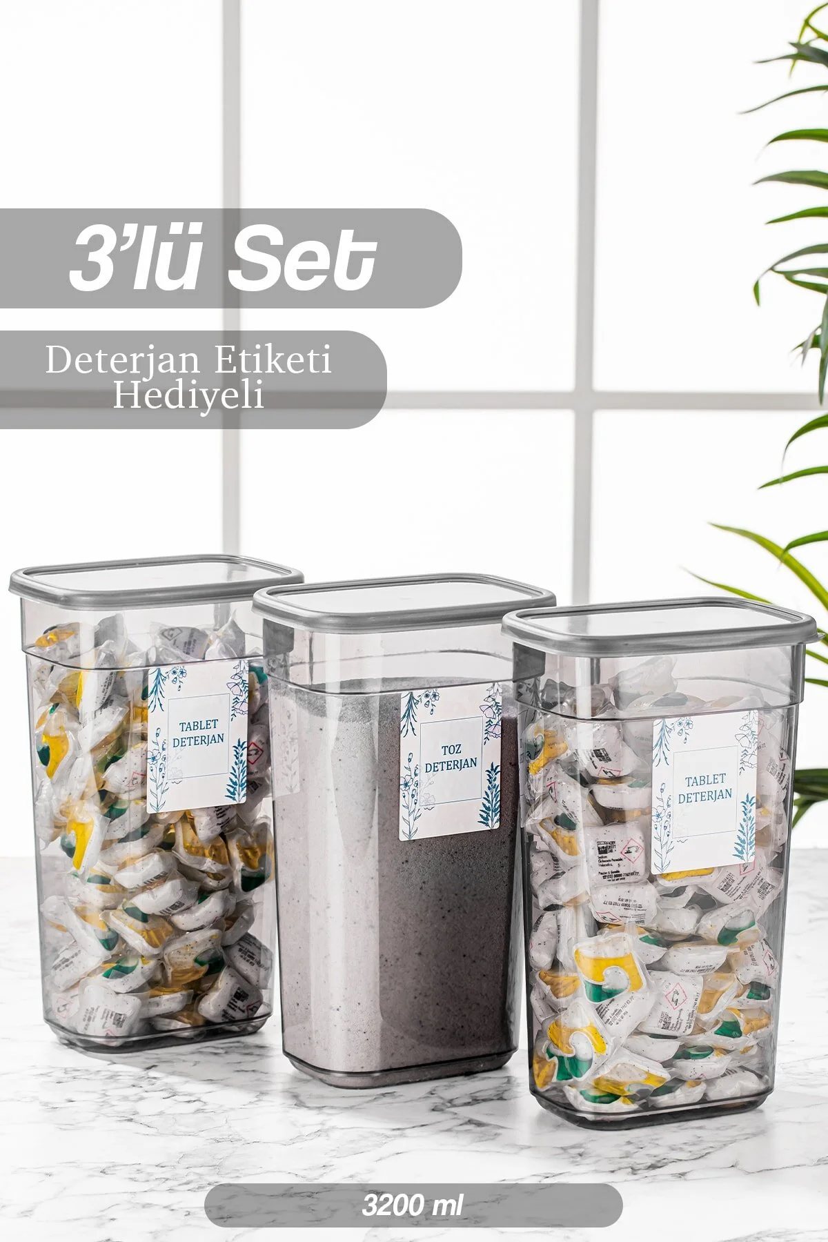 Meleni Home  Set mit 3 rechteckigen Aufbewahrungsbehältern – Aufbewahrungsbox für Tablettenwaschmittel mit Elina-Beschriftung – 3 x 3200 ml