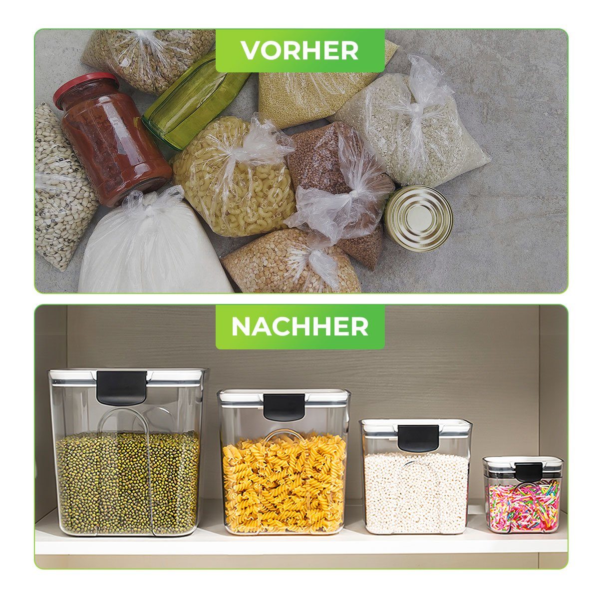 7Magic Vorratsdose 4-tlg Aufbewahrungsbox Küche Organizer Insgesamt 8950ml Vorratsdosen, AS+ABC+Silikon, (4-tlg), Vorratsdosen-Set mit großer Öffnung, inklusive Löffel und Sieb