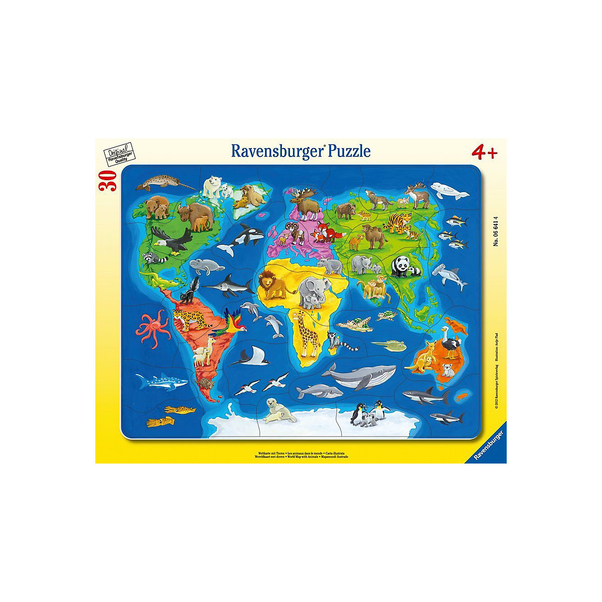 Rahmen-Puzzle, 30 Teile, 32,5x24,5 cm, Weltkarte mit Tieren