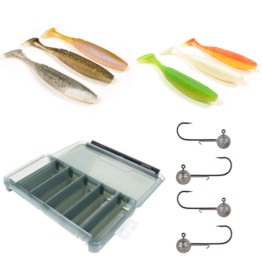 Confezione da 6 esche artificiali Shad da 15 cm + 6 testine piombate + scatola