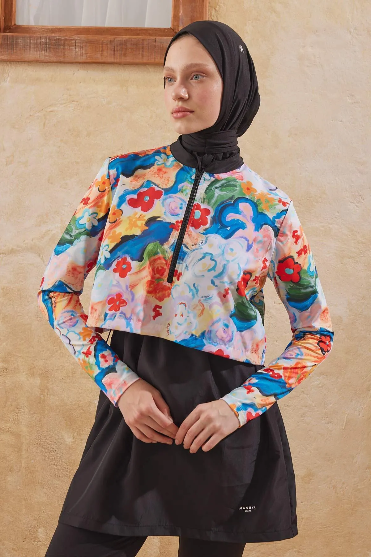 Manuka  3-teiliges Hijab-Badeanzug-Set aus Fallschirmstoff, Farbpinsel