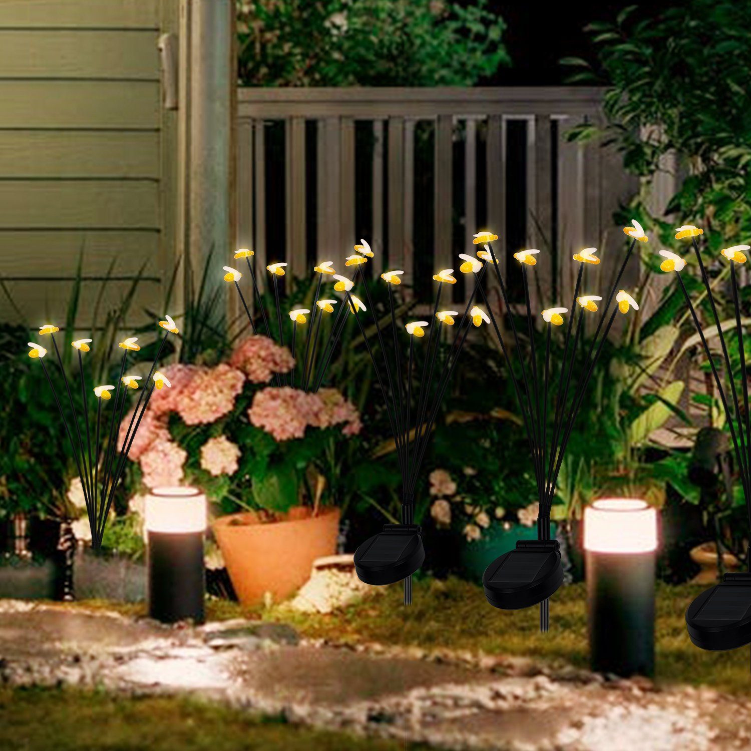Salcar LED Solarleuchte Solarleuchten Garten Stehend 2er Set Gartenbeleuchtung Solar LED, LED fest integriert, Warmweiß, Gartendeko mit 2 Modi, 8 Lampen, Automatische Beleuchtung