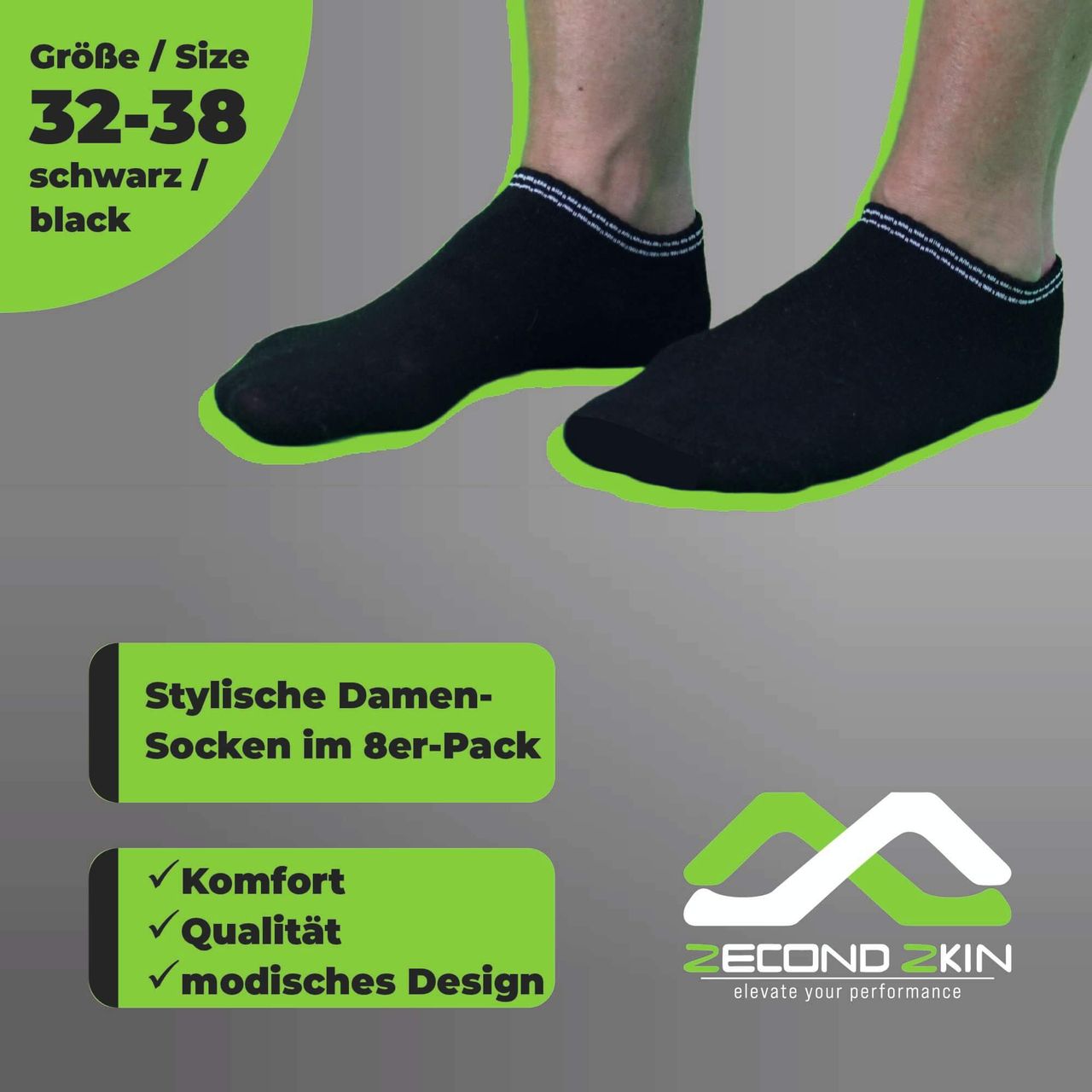 trends4cents Zecond Zkin 8 Paar Sneaker Socken Gr. 32 - 38 schwarz Sommersocken Füßlinge aus Baumwolle