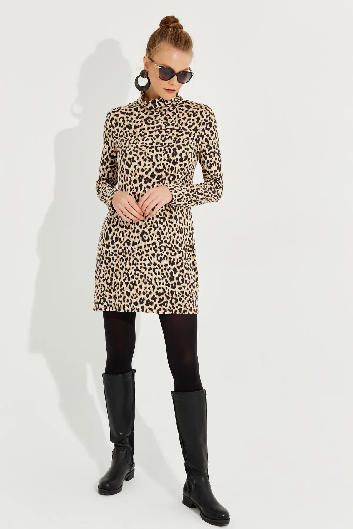 Cool & Sexy  Kamelschwarzes, weiches Leoparden-Minikleid für Damen AYD253
