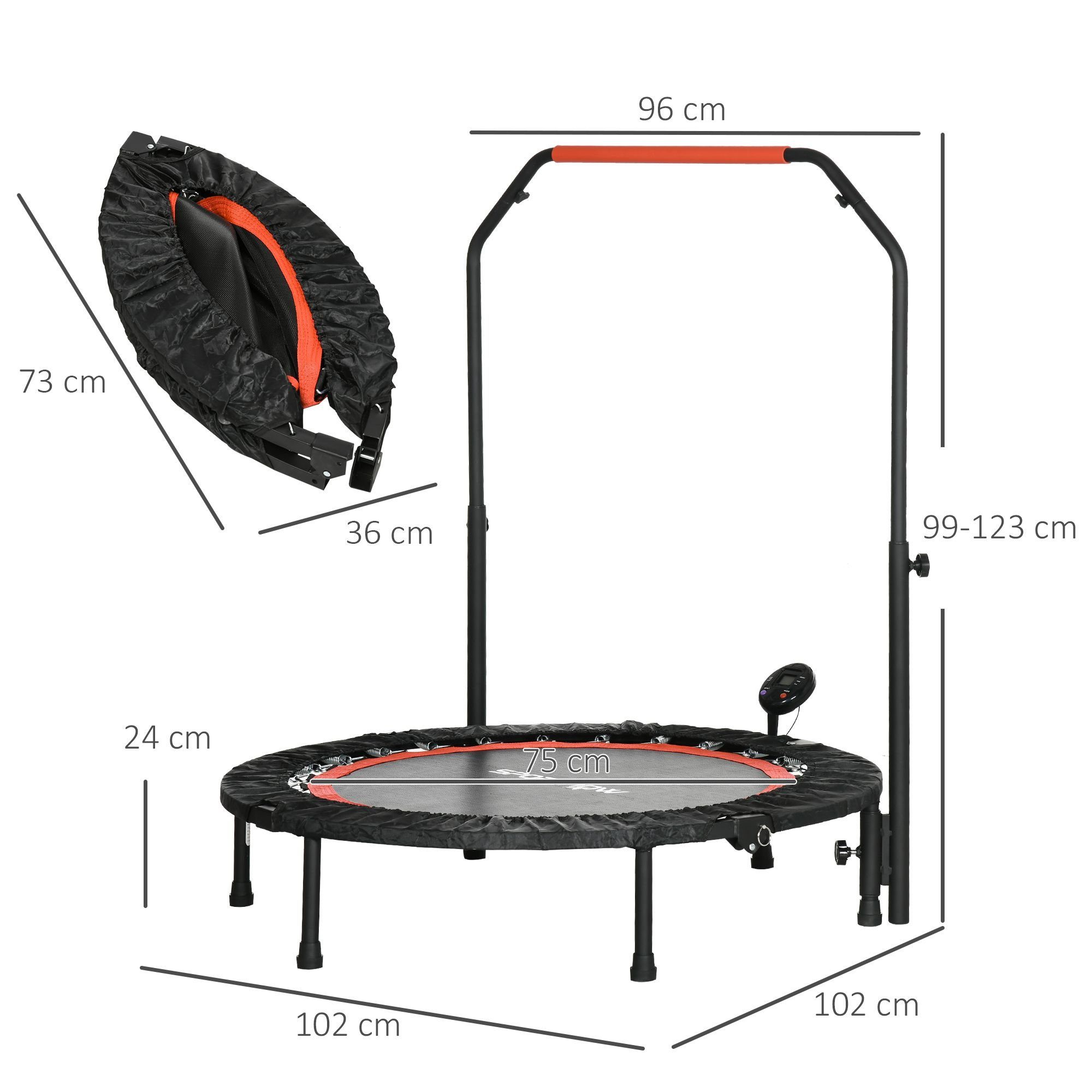 SPORTNOW Fitnesstrampolin mit Haltegriff, LCD-Monitor, Stahl, Ø 15 cm, (Set, 1, Fitness-Trampolin), Ø102 x 99-123H cm