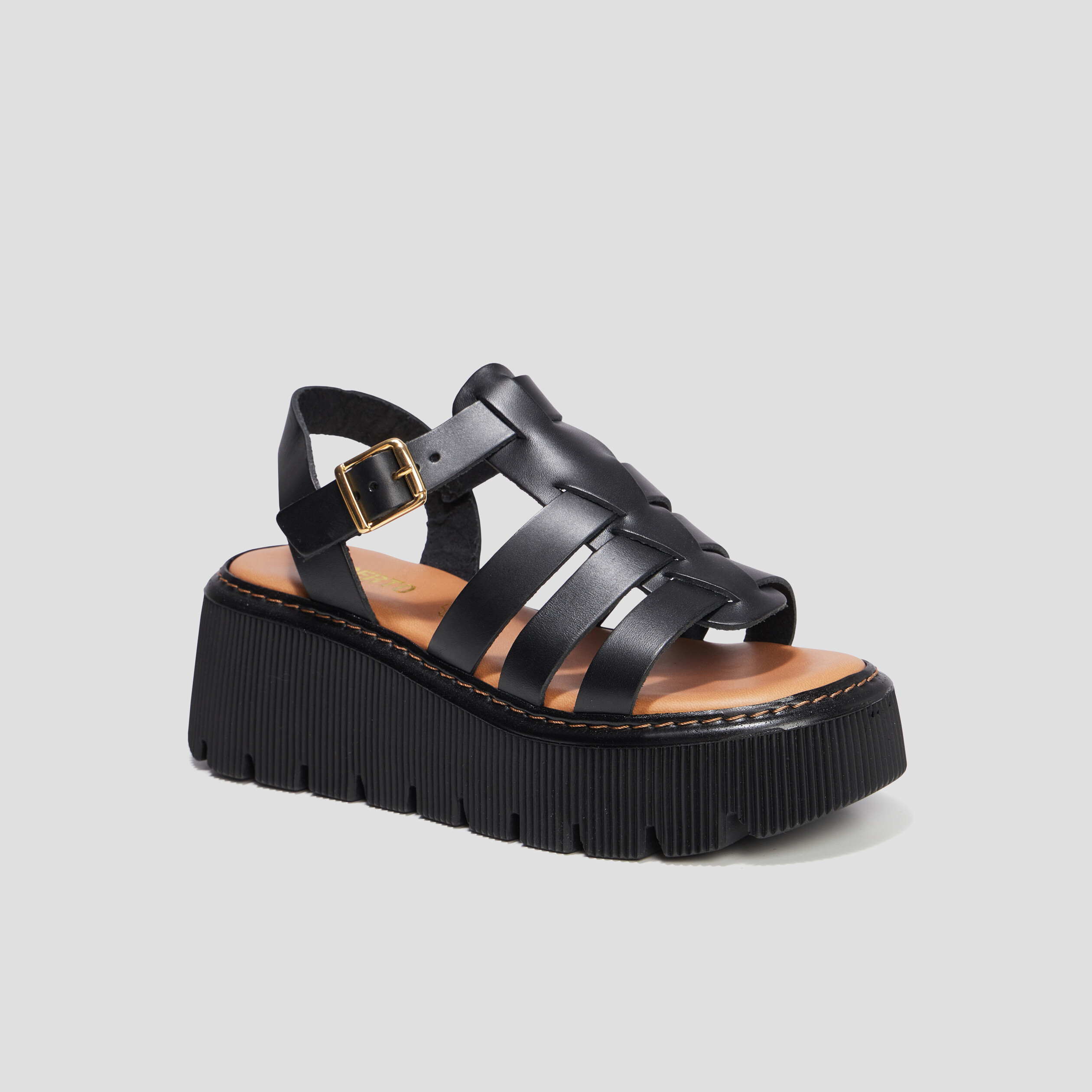 Sandales compensées multibrides en cuir noir femme | La Halle