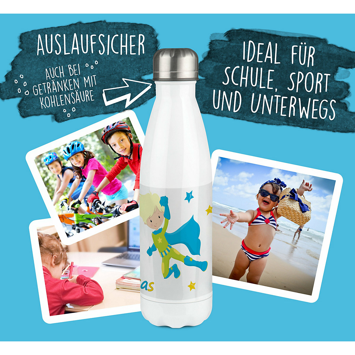 Edelstahl Kinder Thermoflasche / Trinkflasche bunt Superheld Spülmaschinenfest, Auslaufsicher, Bruchfest, Doppelwandig, Für Heißgetränke geeignet, Mit Deckel, Isoliert