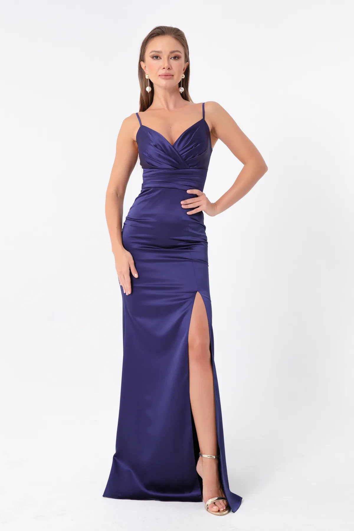 Lafaba  Marineblaues, langes Satin-Abend- und Abschlusskleid mit Trägern und Schlitz für Damen