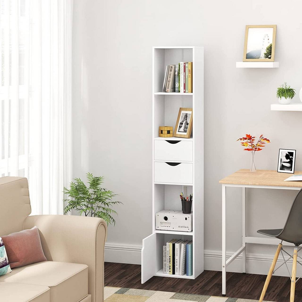 Woltu Bücherregal, 1-tlg., mit Schubladen, Regal mit Tür, 30x158x24 cm, weiß