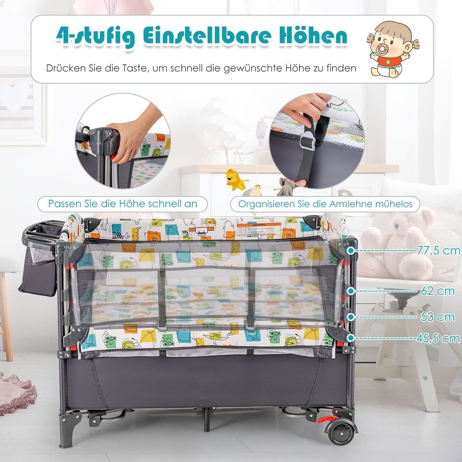 COSTWAY Baby-Reisebett 5 in1 Beistellbett, mit Matratze, höhenverstellbar