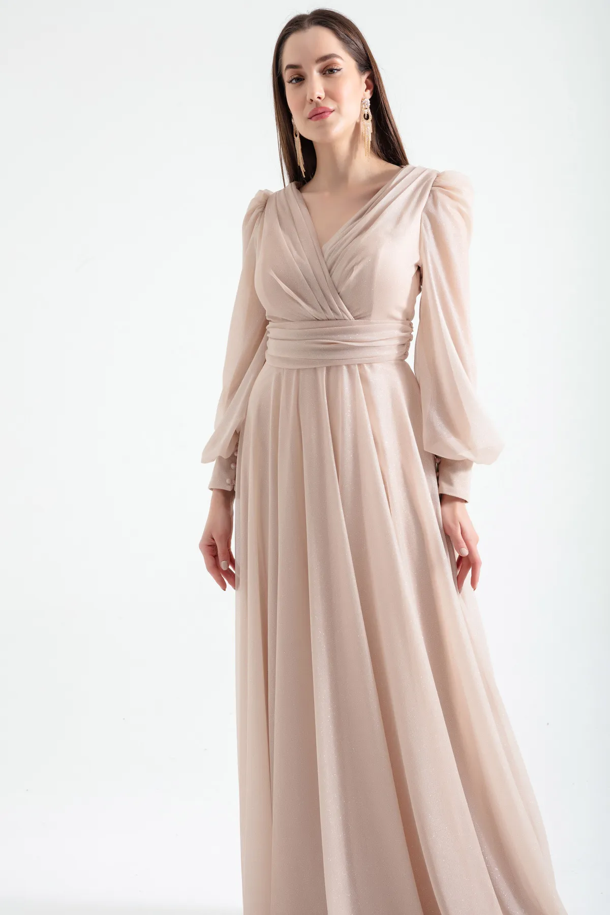 Lafaba  Beiges, glitzerndes, langes Abendkleid mit V-Ausschnitt für Damen