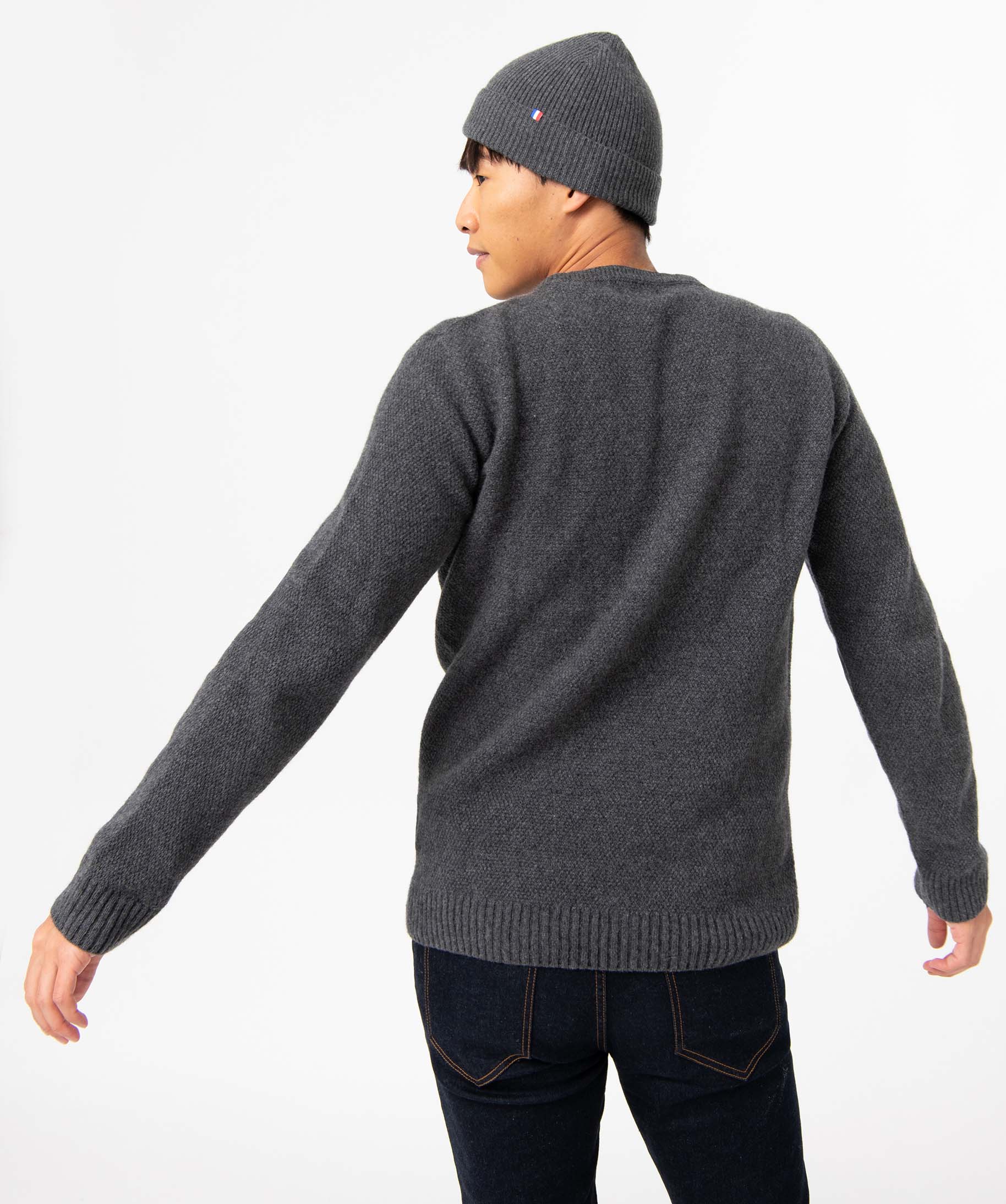 Pull homme contenant de la laine en maille 3D innovante gris fonce | GEMO