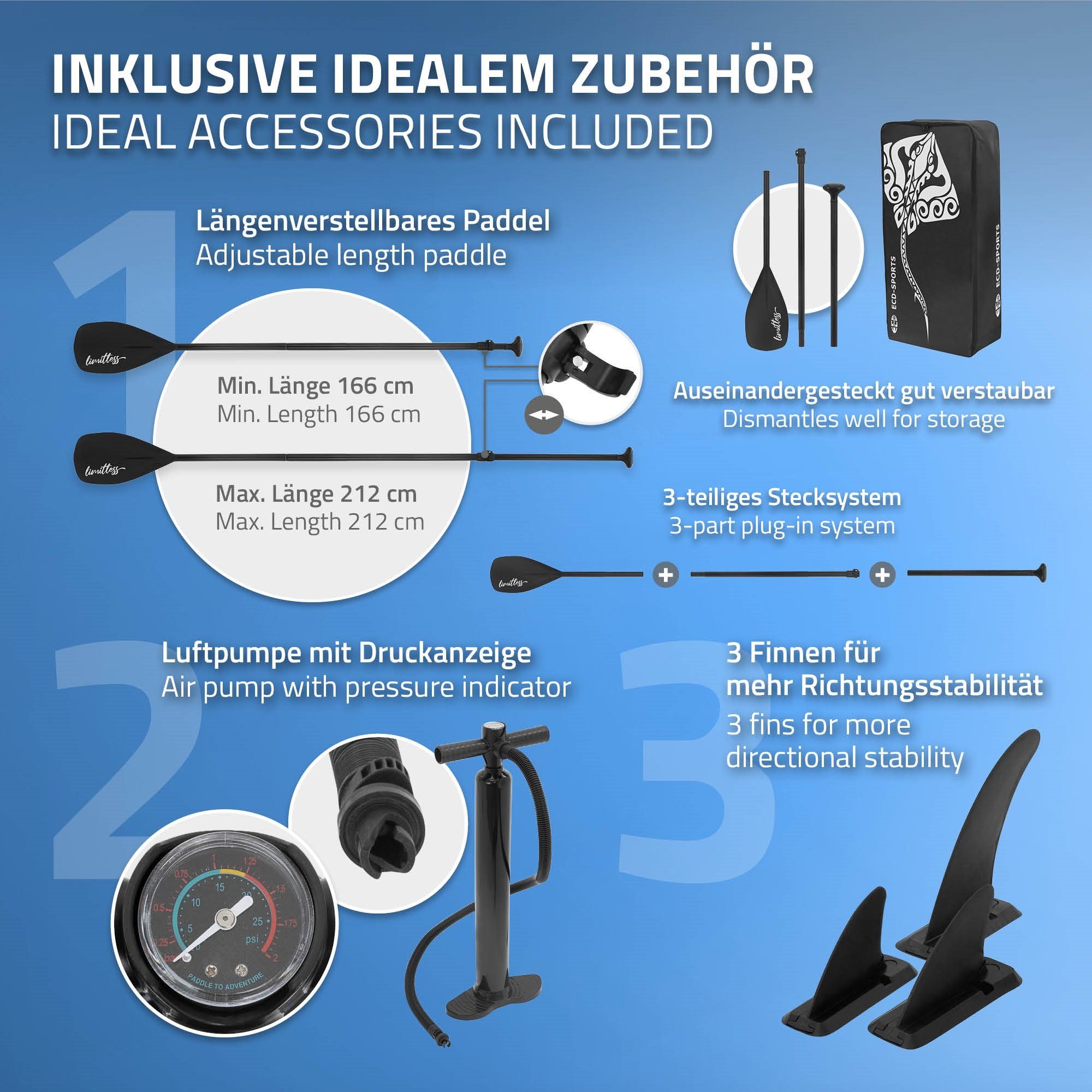 ECD Germany SUP-Board Aufblasbares Stand Up Paddle Board Limitless Paddelboard Surfboard, Blau 308x76x10cm PVC bis 120kg Tragetasche Zubehör Komplett Set