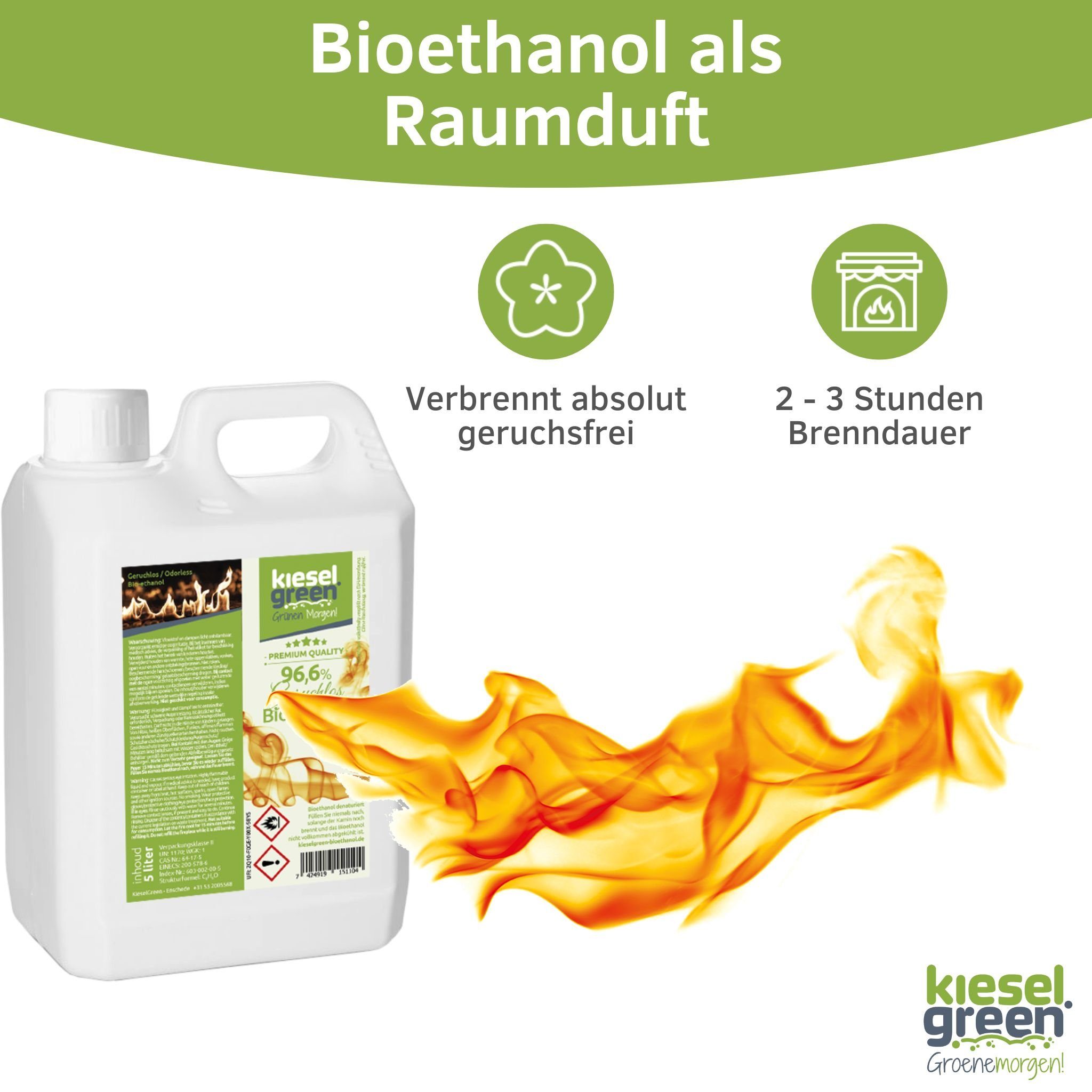 KieselGreen Bioethanol KieselGreen Bioethanol 5/10/25/50 Liter mit Duft für Ethanol-Kamin, 5 l