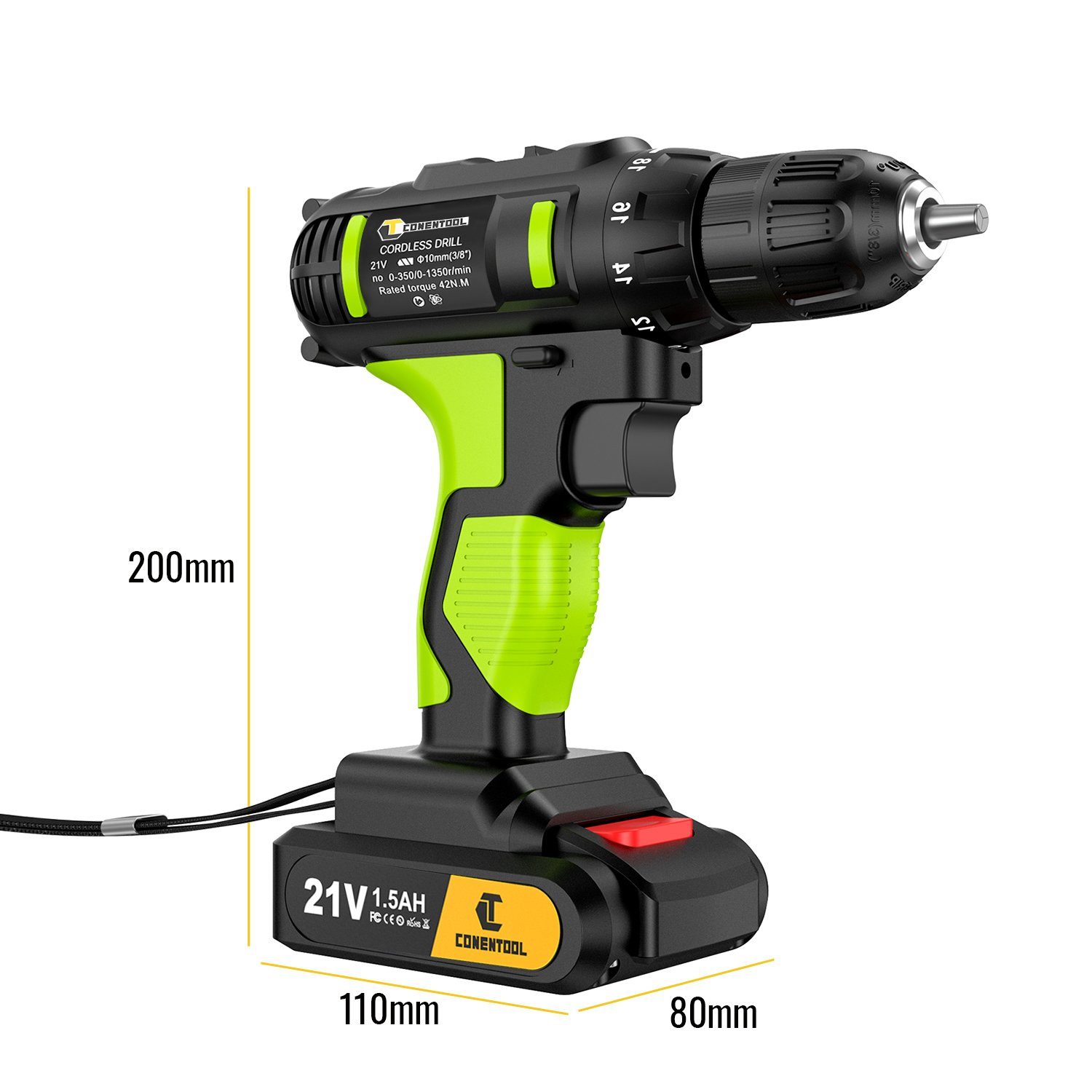Ulife Akku-Schraubendreher CONENTOOL Bohrschrauber, 1350,00 U/min, 42,00 Nm, (Set, Aufbewahrungskoffer, Ladegerät, 2×Akku, Bit-Set), mit LED-Licht