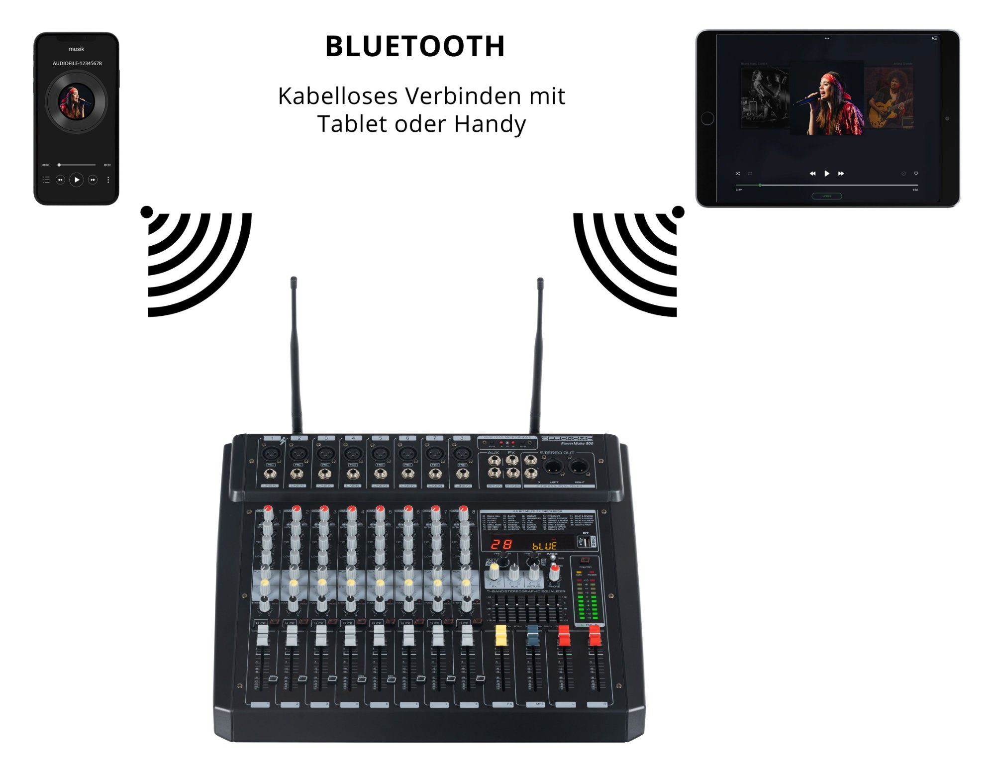 Pronomic Mischpult 8-Kanal-Powermischer 760 Watt RMS-Leistung, (inkl. 2 Funkmikrofone mit integriertem UHF-Empfänger), Bluetooth®/USB-Player/Recorder - Grafischer Equalizer