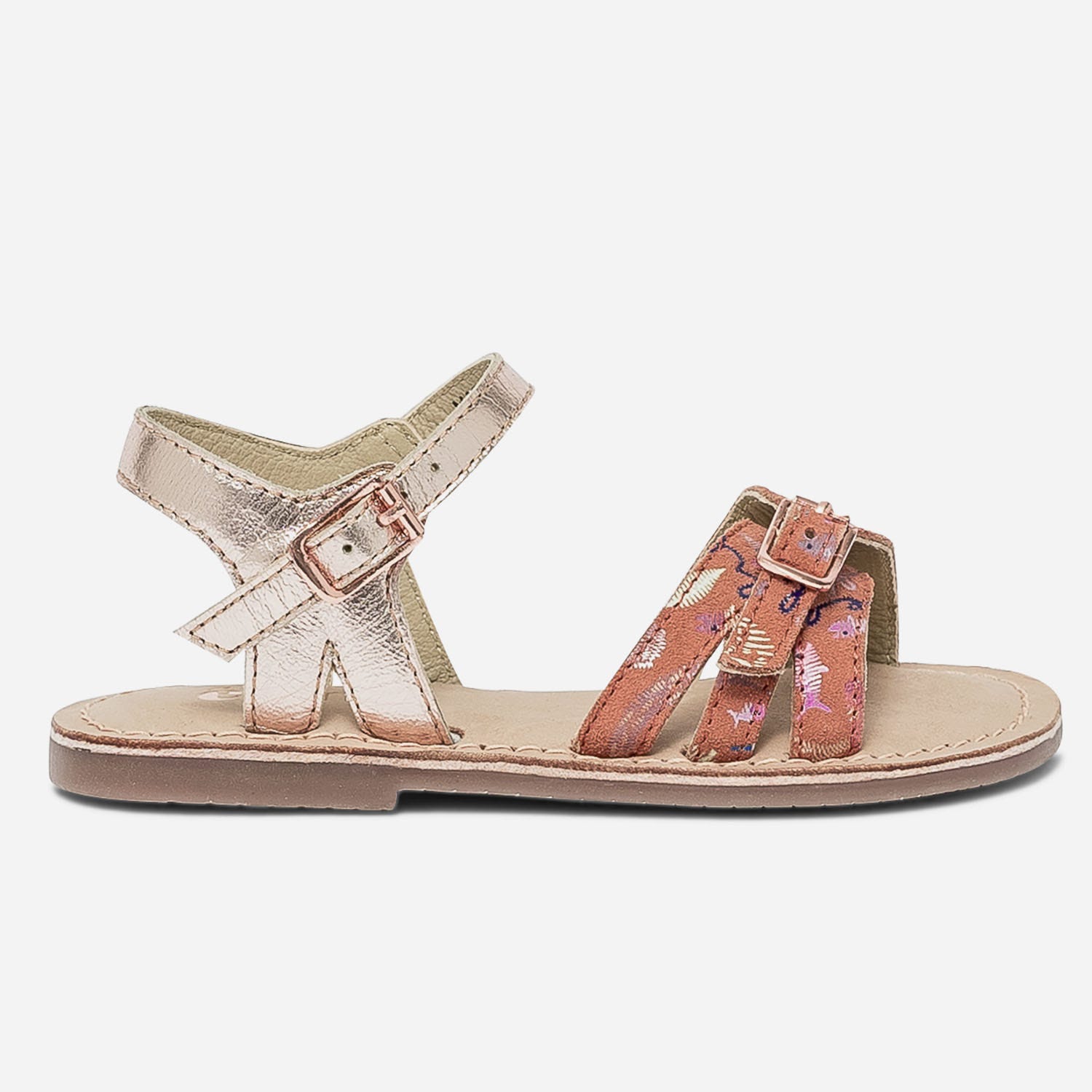 Sandale rose en cuir métallisé et cuir velours imprimé
