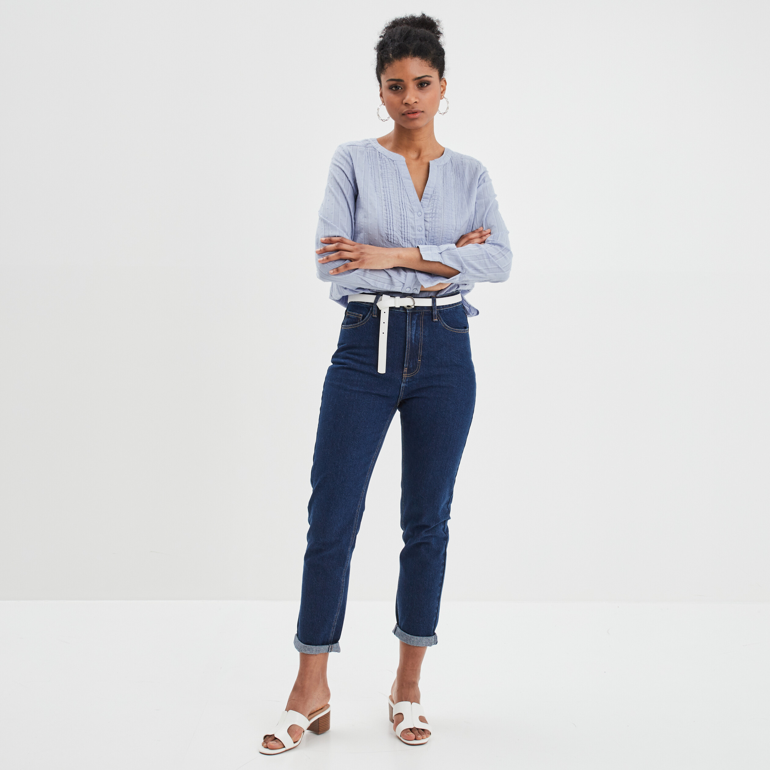Blouse plastron manches 3 4 Creeks bleu femme | La Halle