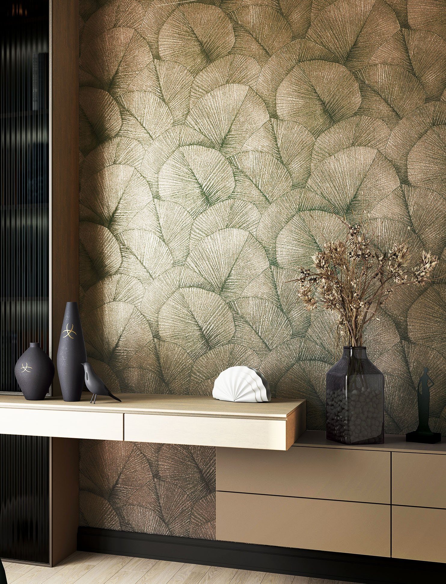 Newroom Vliestapete, Gold Tapete Modern Dschungel - Mustertapete Dschungeltapete Beige Braun Tropisch Floral Palmen Blätter für Wohnzimmer Schlafzimmer Küche