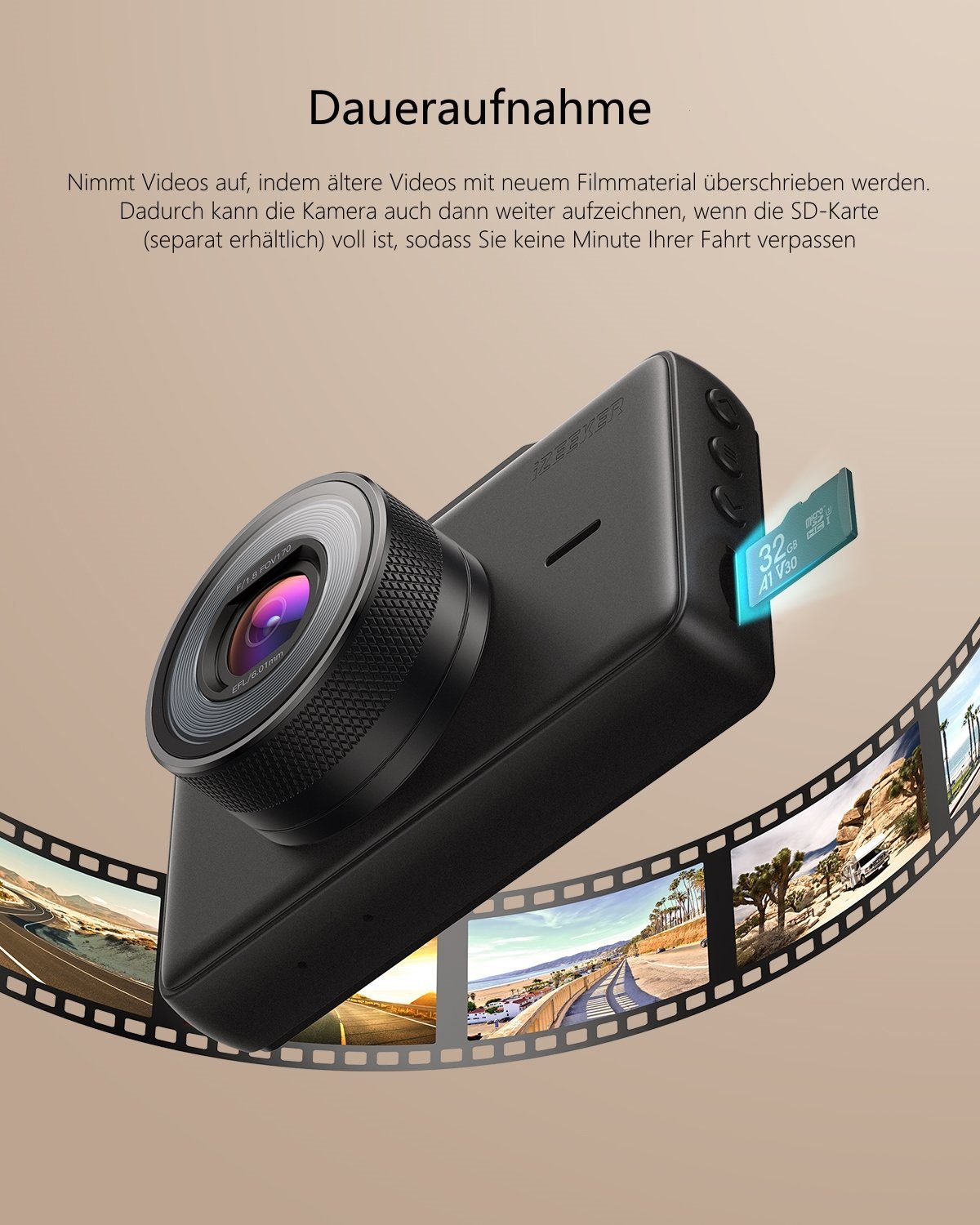 iZEEKER Full HD Dashcam (Full HD, 1080P, Nachtsicht, 170° Ultraweitwinkel, 3-Zoll-LCD-Bildschirm)
