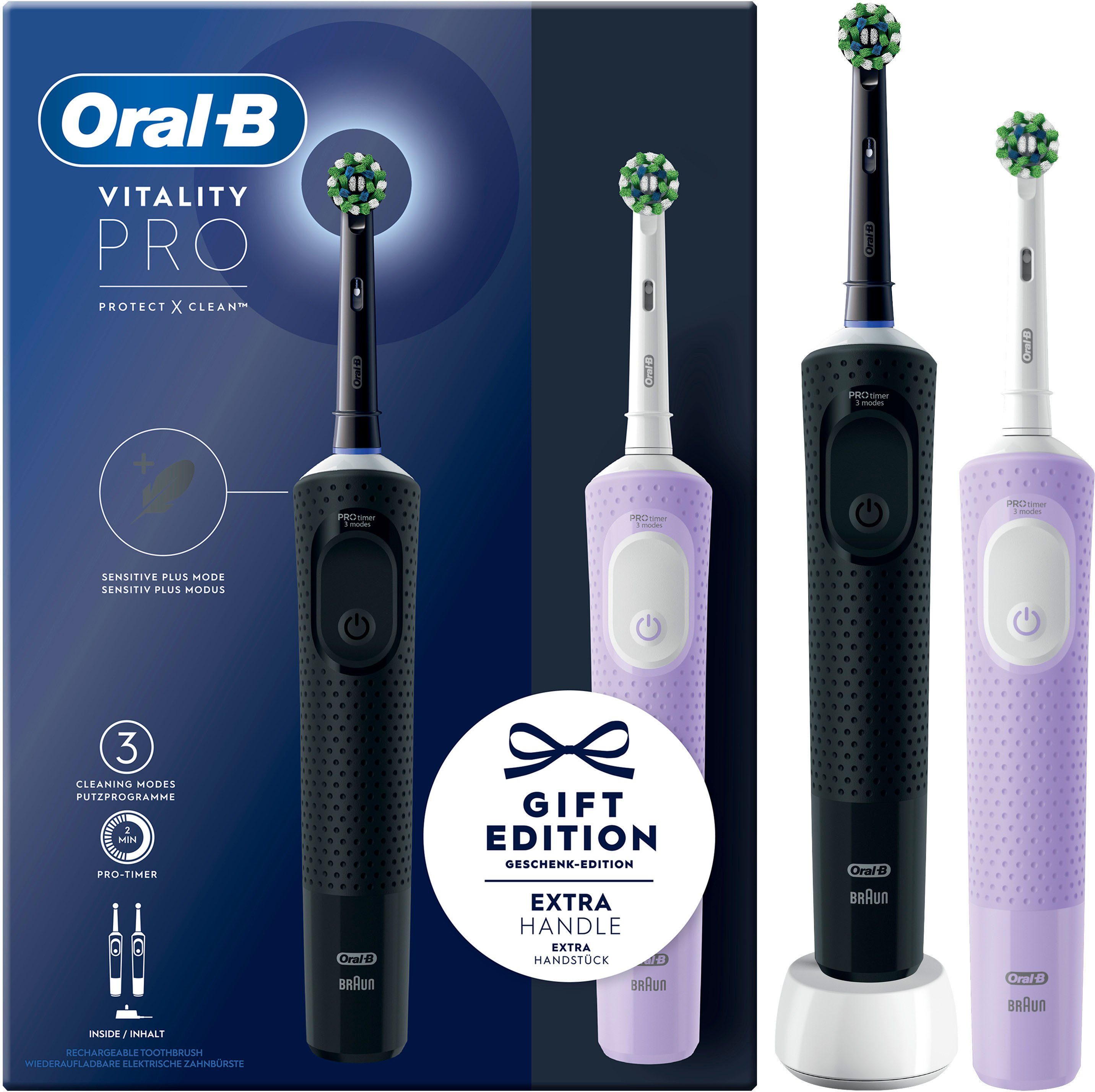 Oral-B Elektrische Zahnbürste Vitality Pro, Aufsteckbürsten: 2 St., 3 Putzmodi, Doppelpack