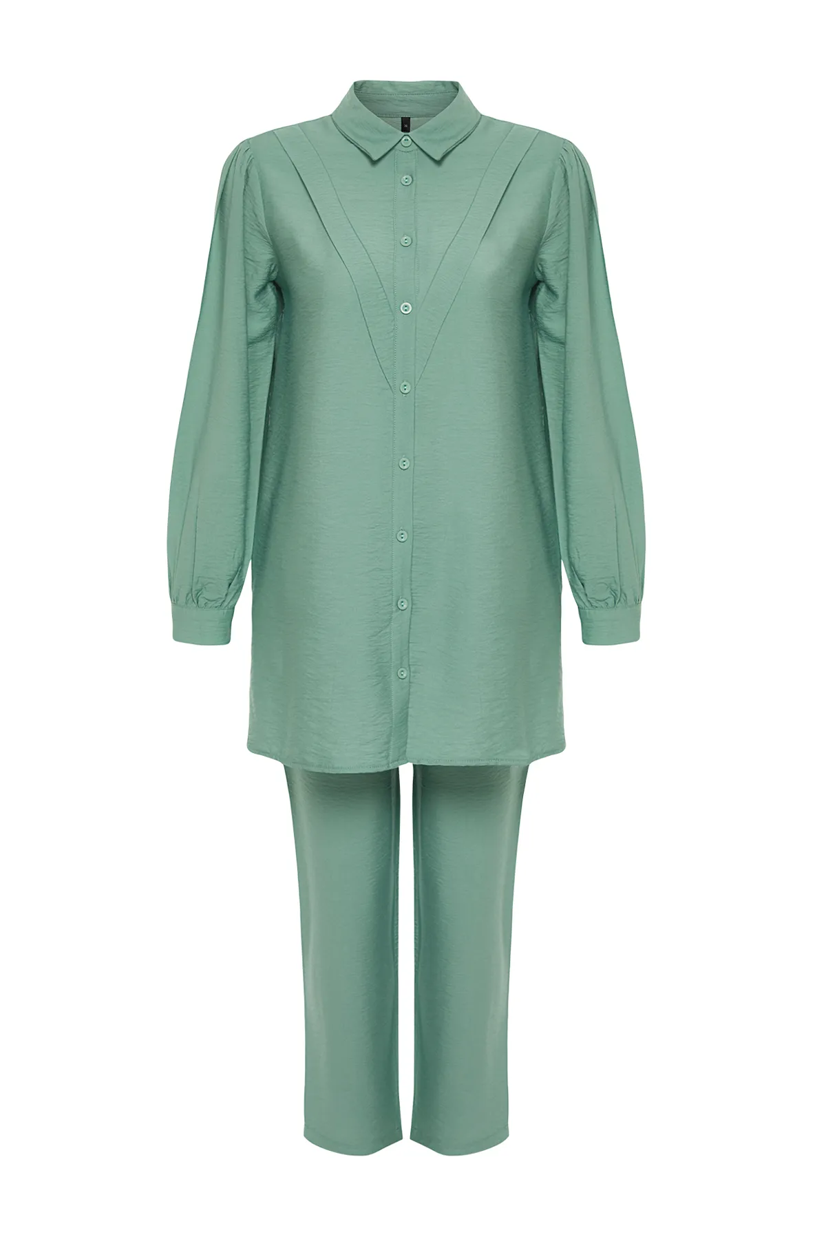Trendyol Modest  Grüner, gewebter Hemd-Hosen-Anzug in Leinenoptik TCTSS23US00079