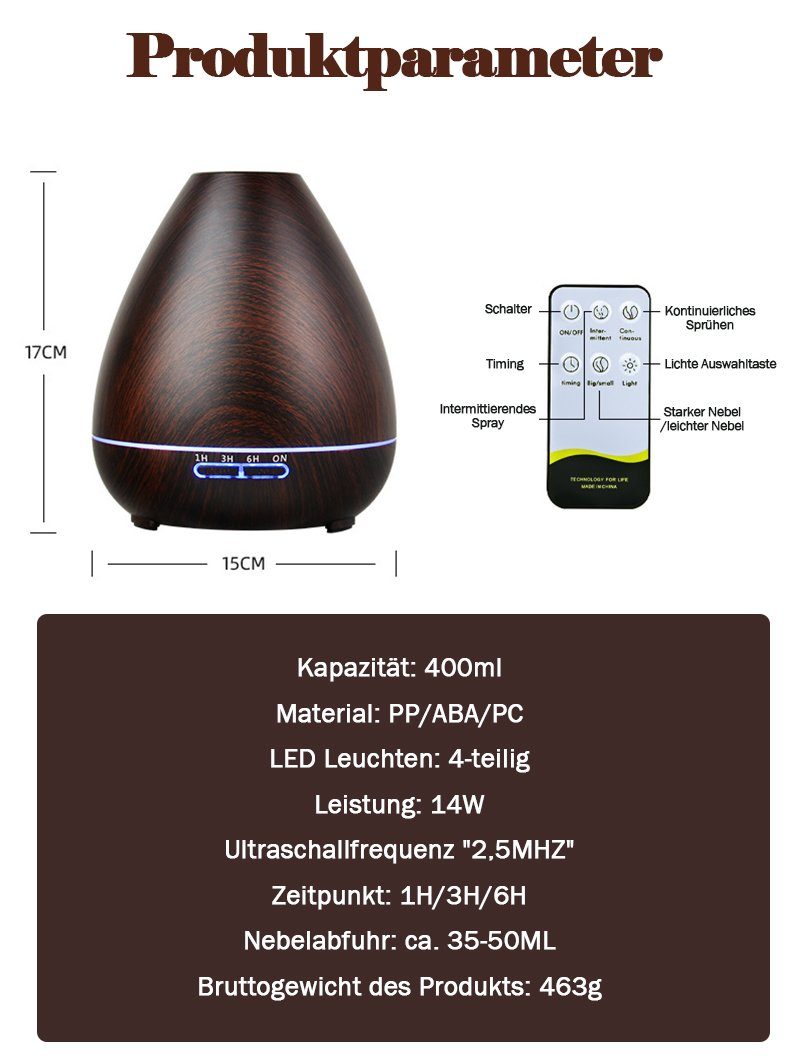 KUGI Luftbefeuchter Aroma Diffuser für Duftöle LED-Licht Humidifier Raumbefeuchter 400ml, elektrische Duftlampe Holzdesign Aromatherapie Stille Luftbefeuchtung