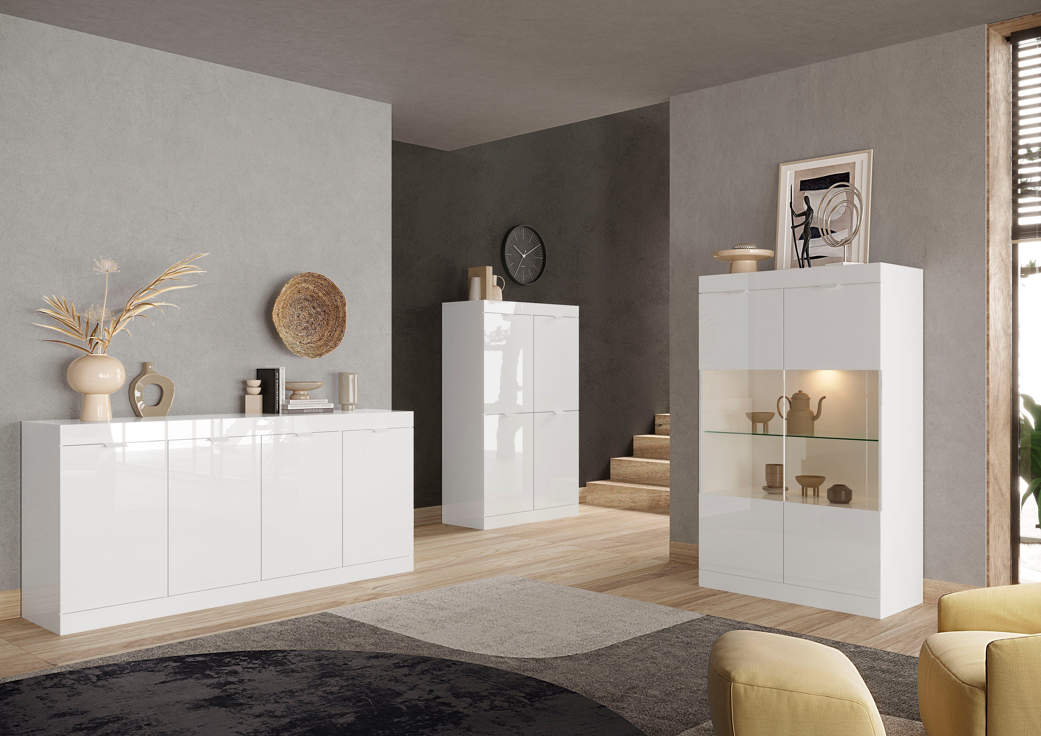 LC Highboard Slim, Breite 91 cm, weiß Hochglanz Lack