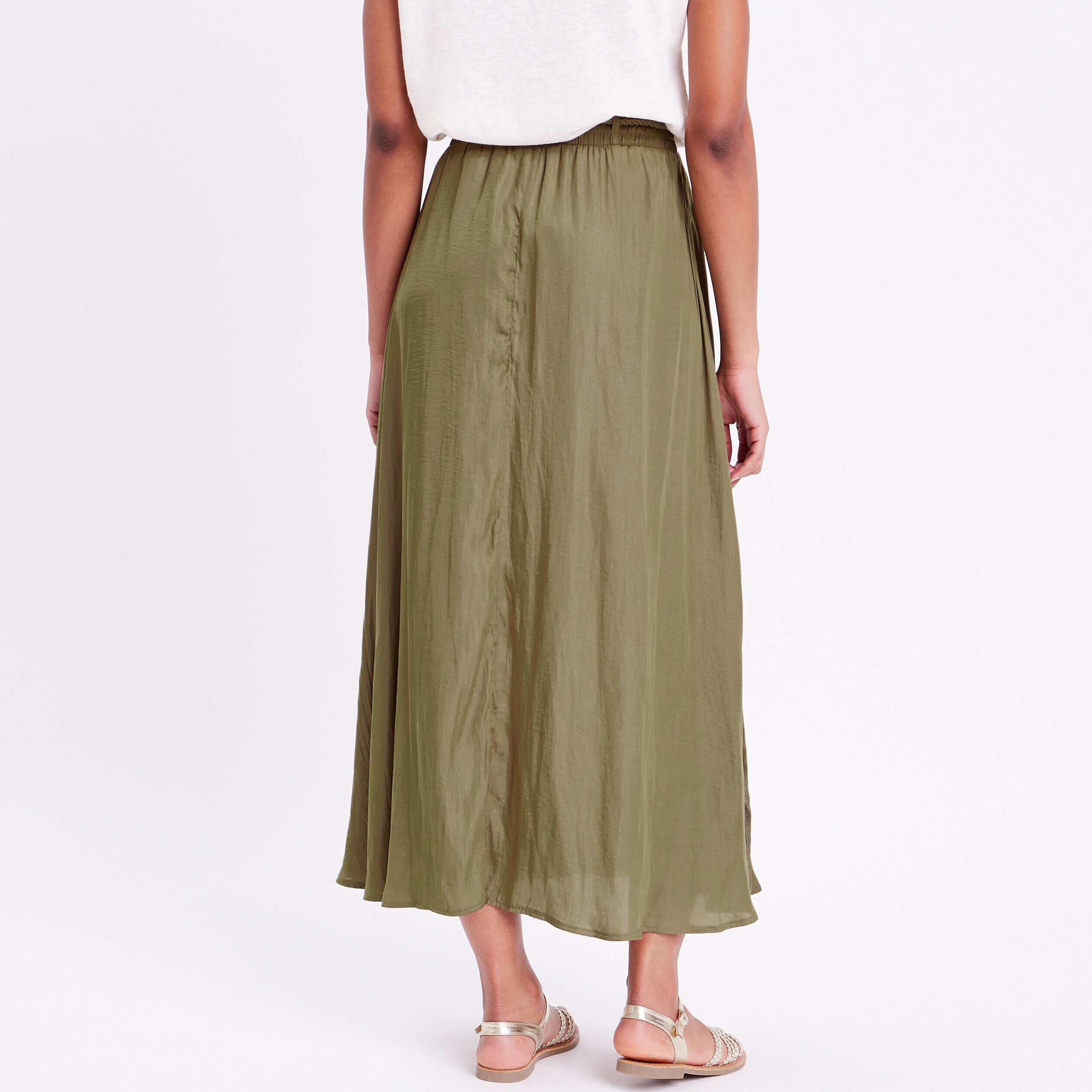 Jupe longue évasée satin vert kaki femme | Cache Cache