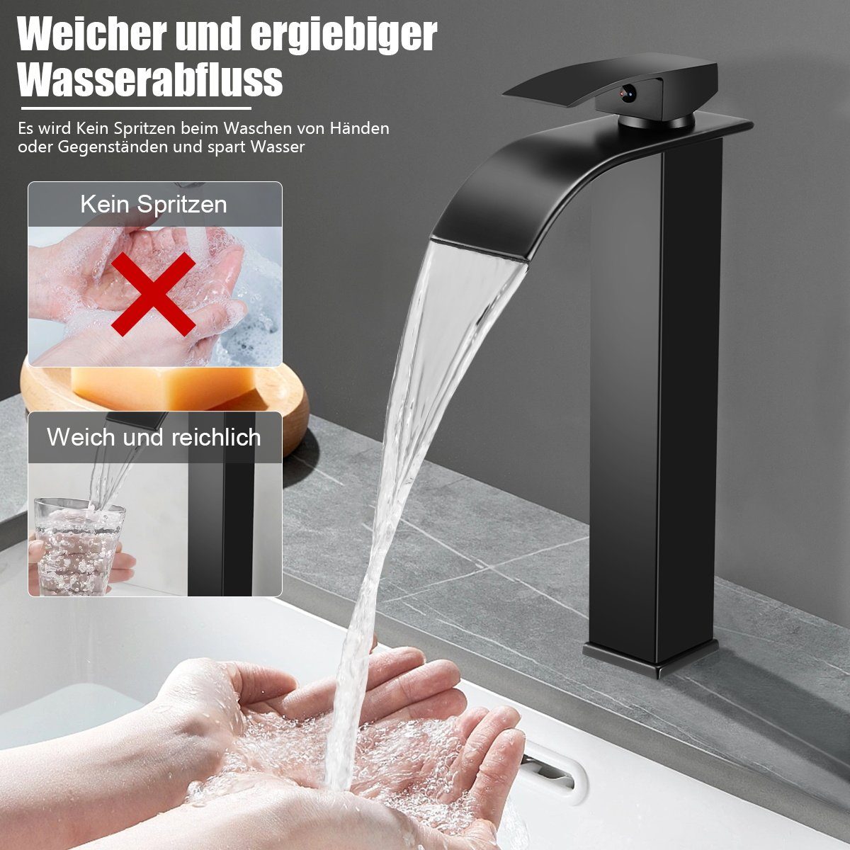 LETGOSPT Waschtischarmatur Waschtischarmatur, Wasserhahn Bad mit Auslauf Höhe 20cm, mit Zugstange Badarmatur wassersparend, Matt-Schwarz Edelstahl 304