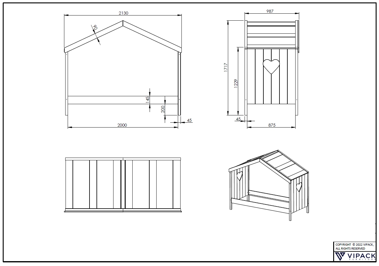 VIPACK Hausbett Amori mit Liegefläche 90 x 200 cm, inkl. Rolllattenrost Ausf. Kiefer und MDF weiß lackiert