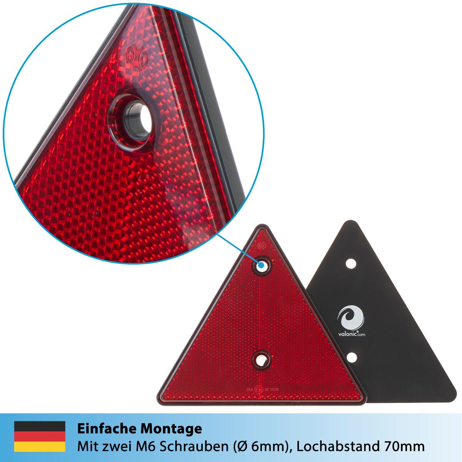 valonic Motorradanhänger Dreieckrückstrahler, Anhängerreflektor, E11 Prüfzeichen, 2 Stück
