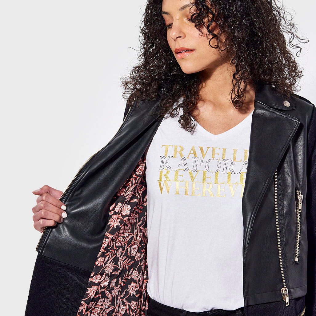 TAM  Manteau régular noir Femme bi matière