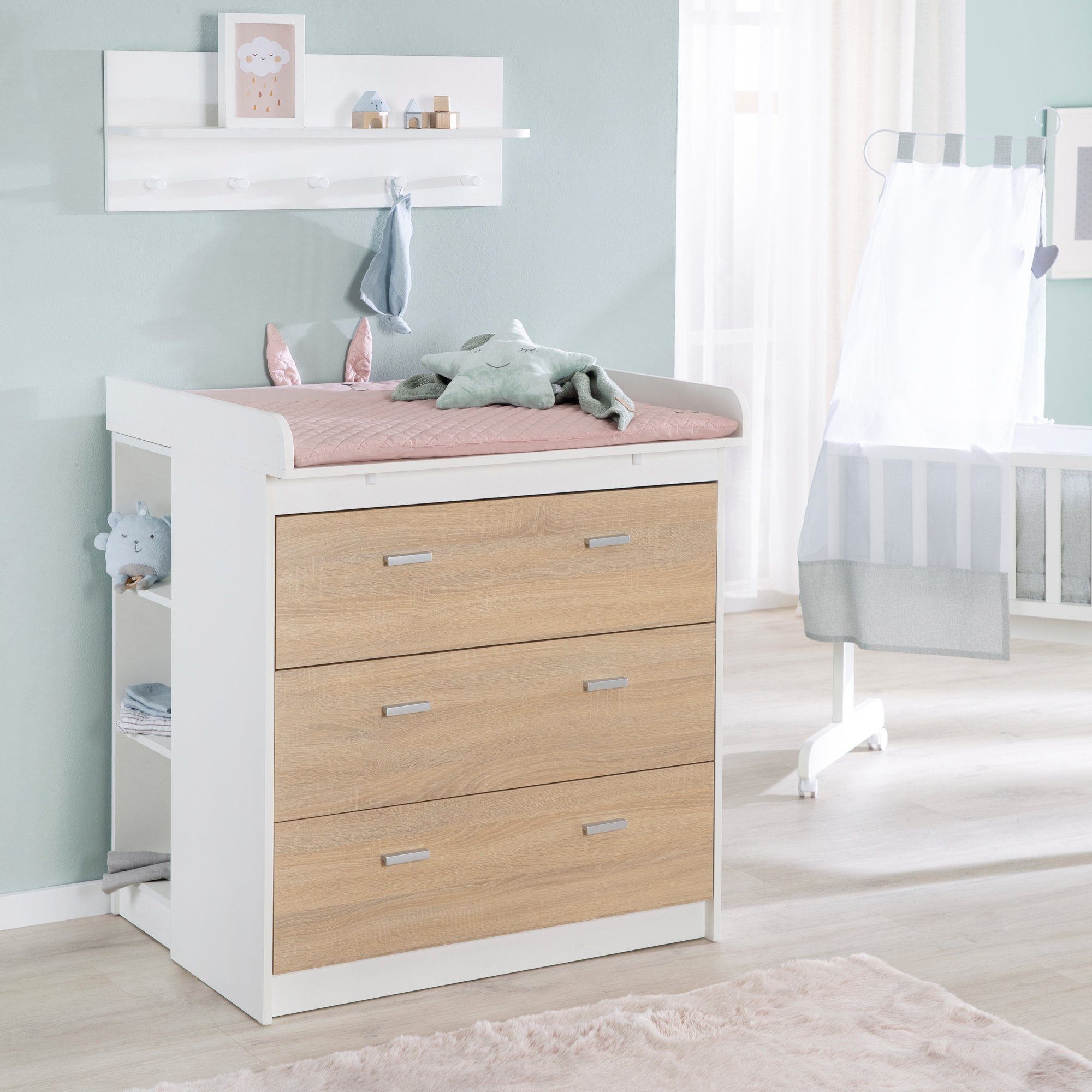 roba® Wickelkommode Gabriella, schmal, Weiß / Sonoma Eiche, Wickeltisch mit abnehmbarem Wickelansatz