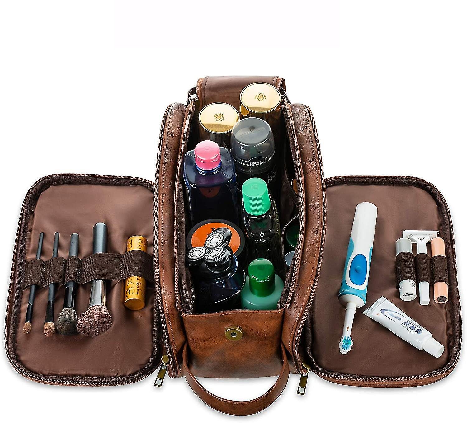 ZanMax Kosmetiktasche Herren-Reise-Kulturbeutel aus wasserdichtem Leder, groß, Braun (1-tlg)