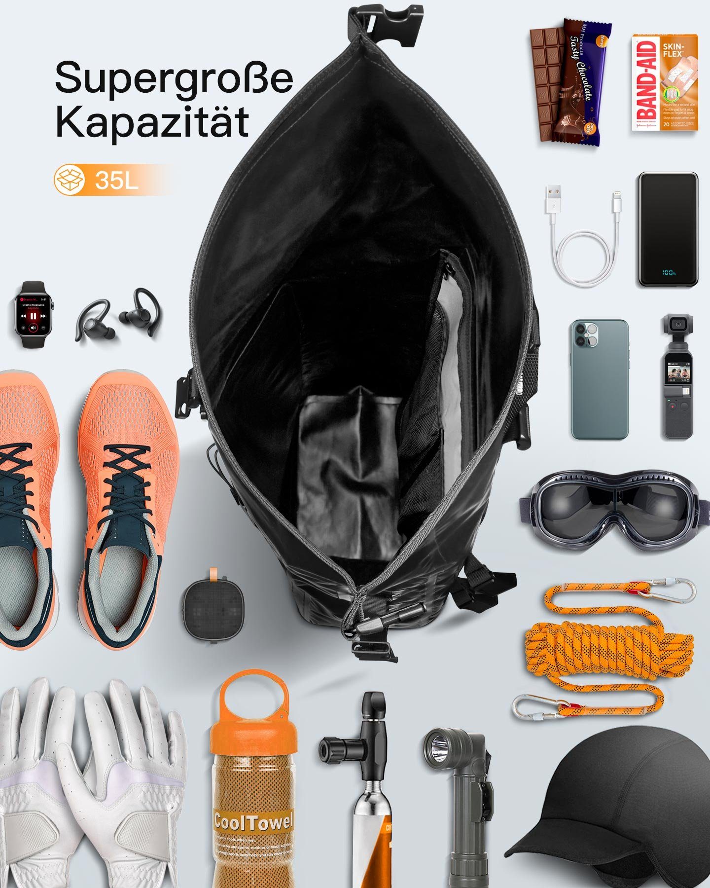Inateck Fahrradrucksack RollTop Rucksack Herren 30-35L wasserdichter, mit Helmnetz