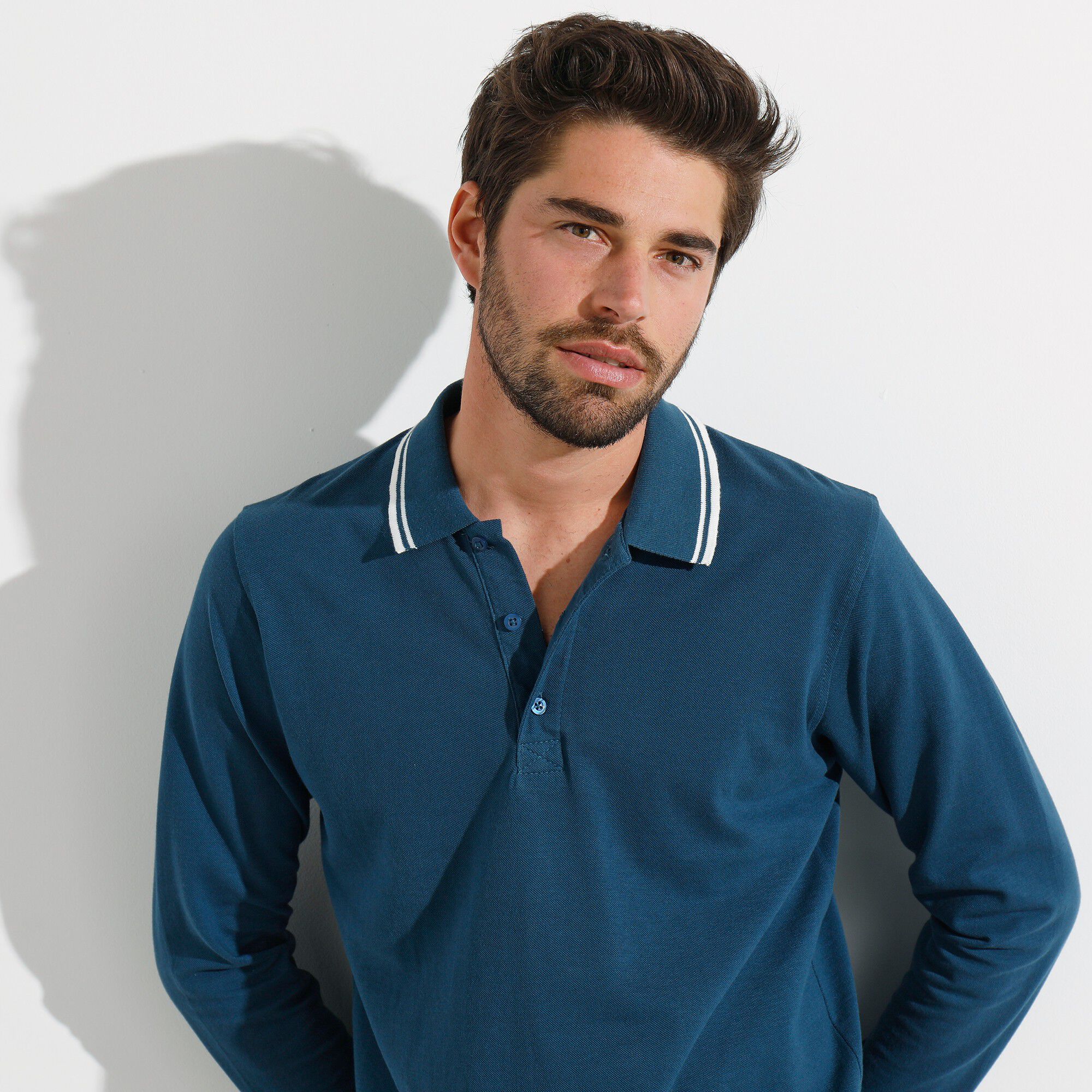 Polo uni maille piquée manches longues