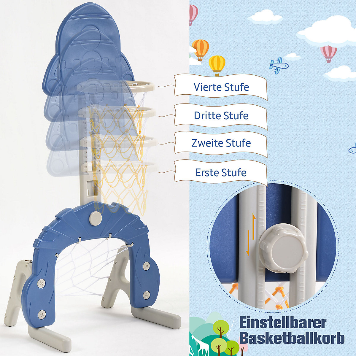 Rutsche mit Schaukeln, Basketballkorb und Fußballtor